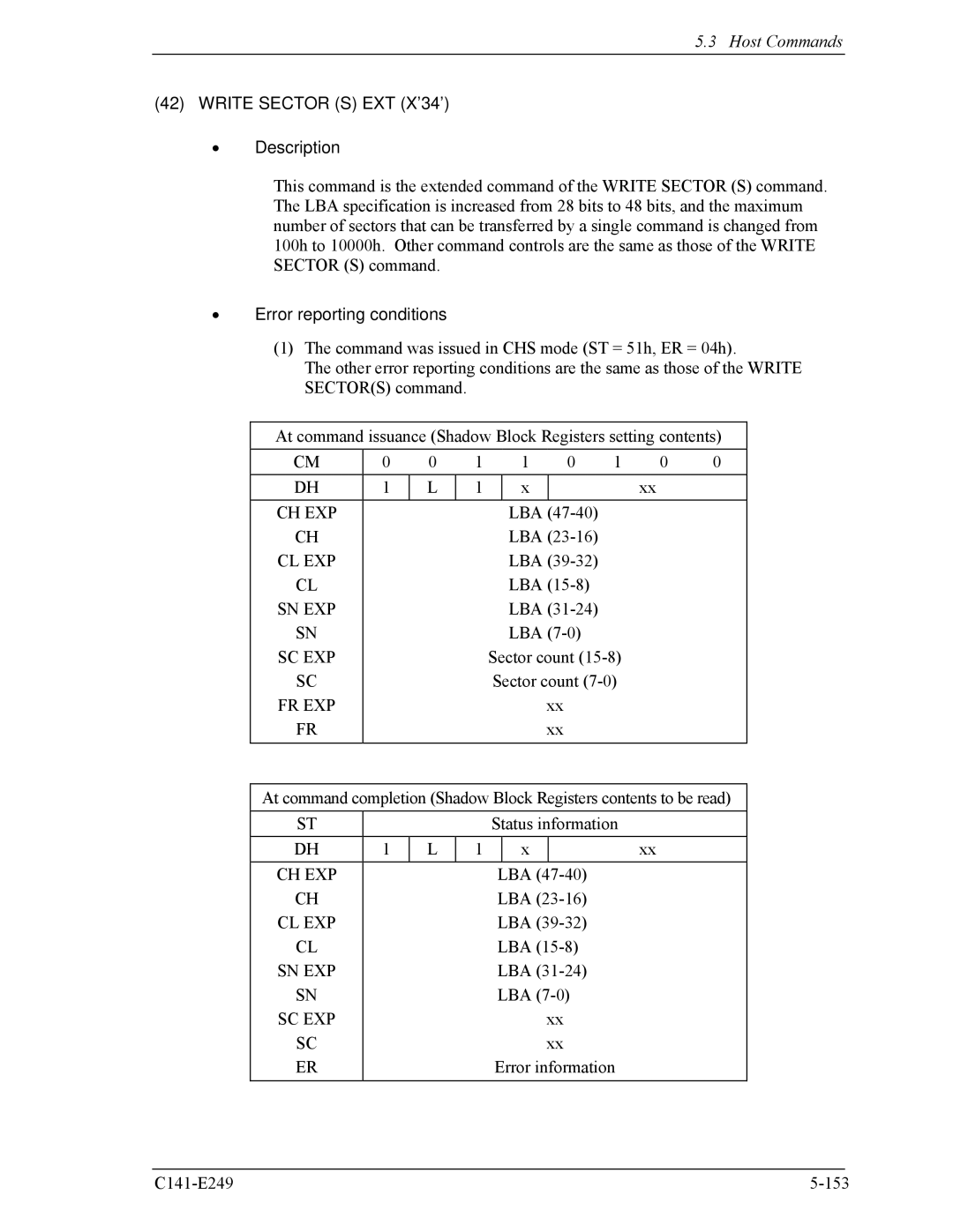 Fujitsu MHW2120BS, MHW2100BS, MHW2080BS, MHW2040BS manual Write Sector S EXT X’34’ Description, Error reporting conditions 