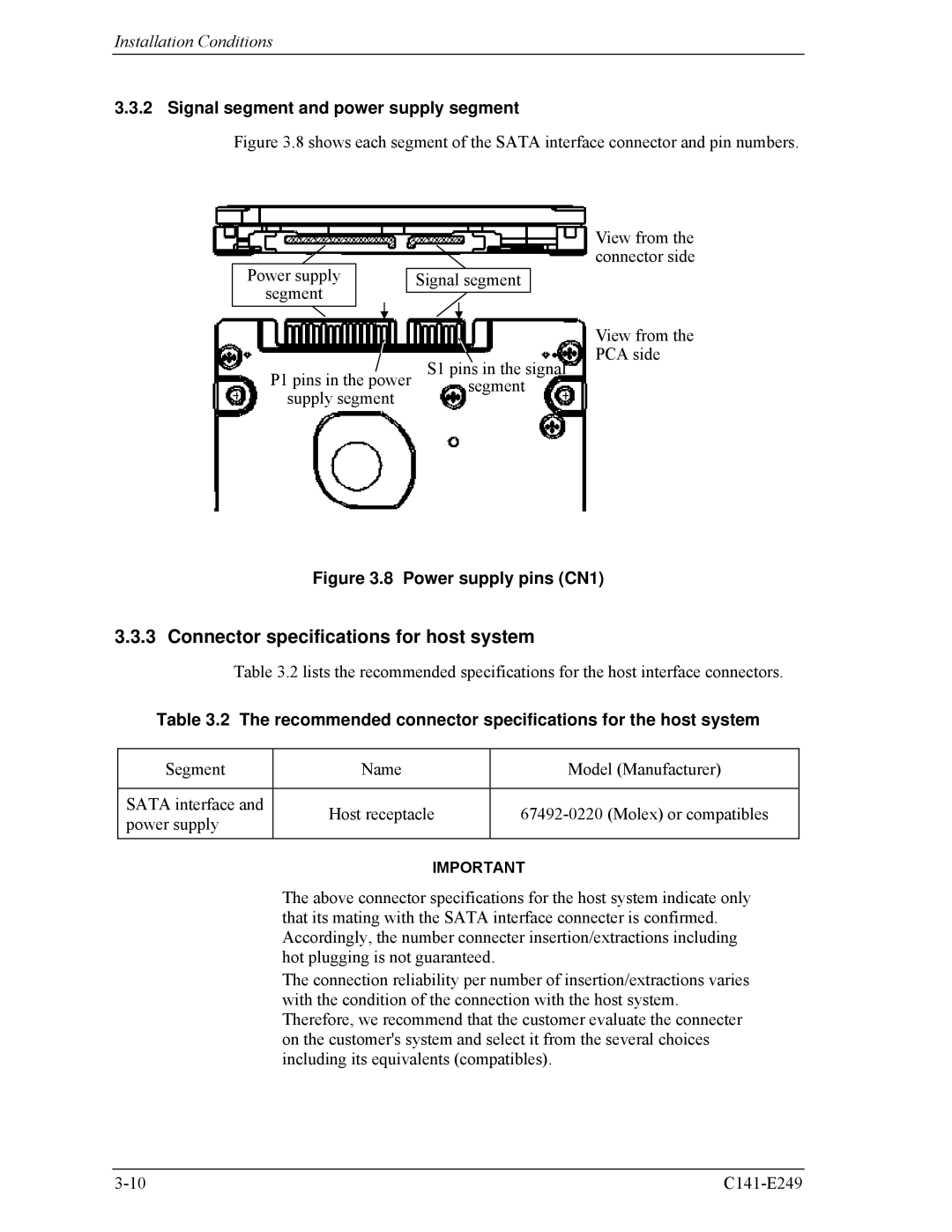 Fujitsu MHW2120BS, MHW2100BS, MHW2080BS Connector specifications for host system, Signal segment and power supply segment 