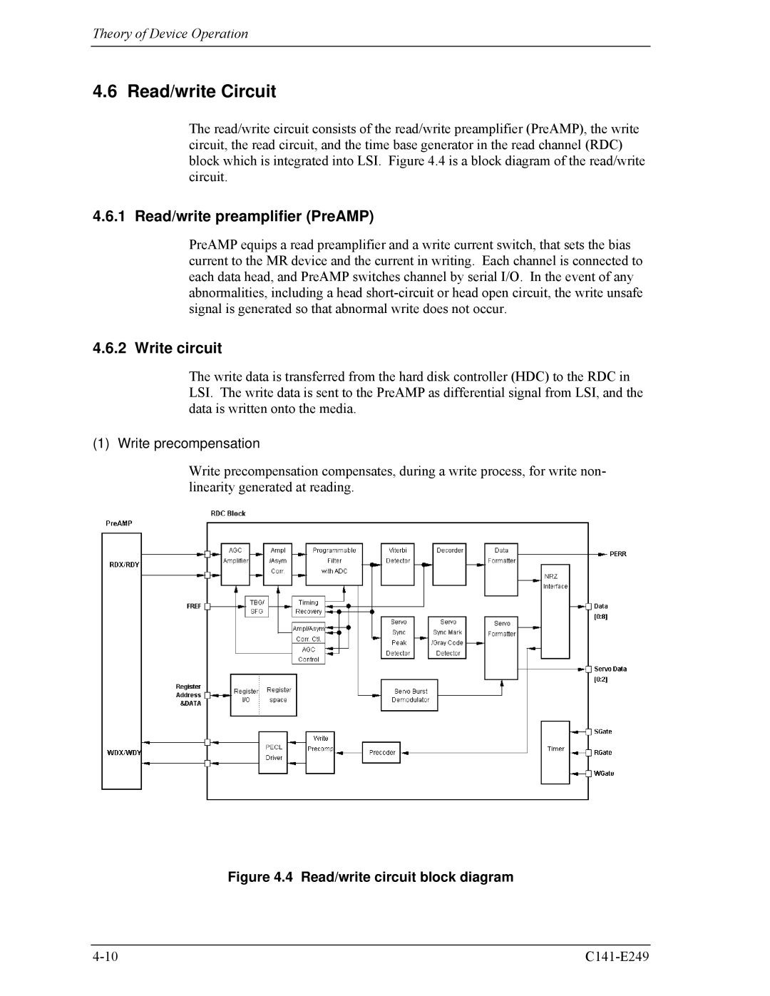 Fujitsu MHW2060BS, MHW2100BS manual Read/write Circuit, Read/write preamplifier PreAMP, Write circuit, Write precompensation 