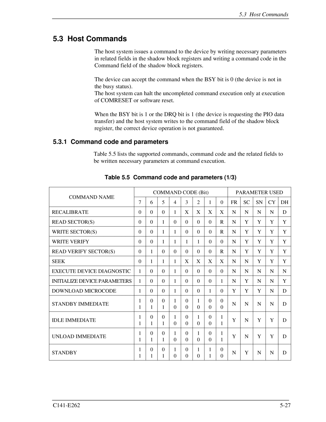 Fujitsu MHY2200BH, MHY2160BH, MHY2250BH, MHY2100BH, MHY2120BH, MHY2080BH Host Commands, Command code and parameters 1/3 