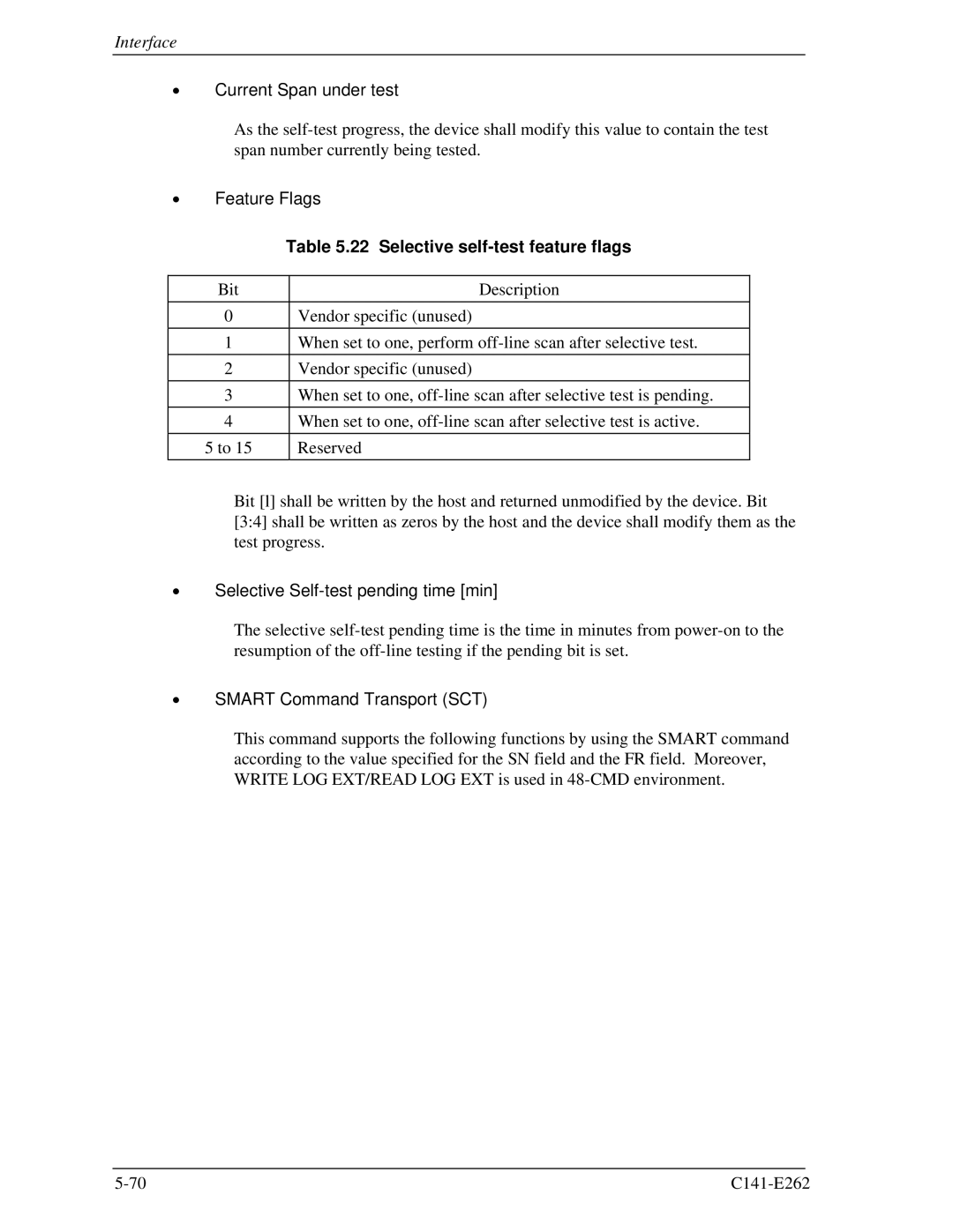 Fujitsu MHY2120BH Current Span under test, Feature Flags, Selective self-test feature flags, Smart Command Transport SCT 