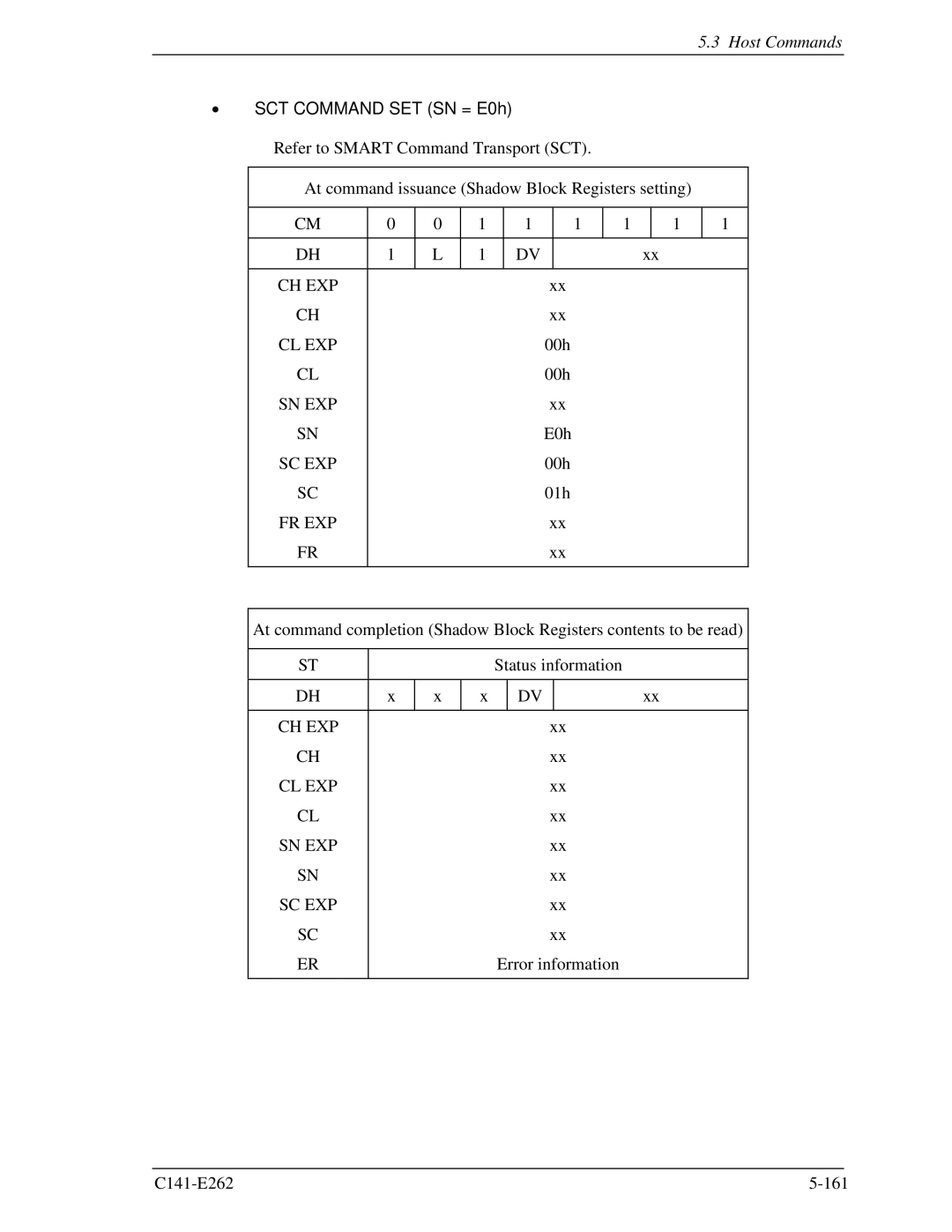 Fujitsu MHY2040BH, MHY2160BH, MHY2200BH, MHY2250BH, MHY2100BH, MHY2120BH, MHY2080BH, MHY2060BH SCT Command SET SN = E0h, Sc Exp 