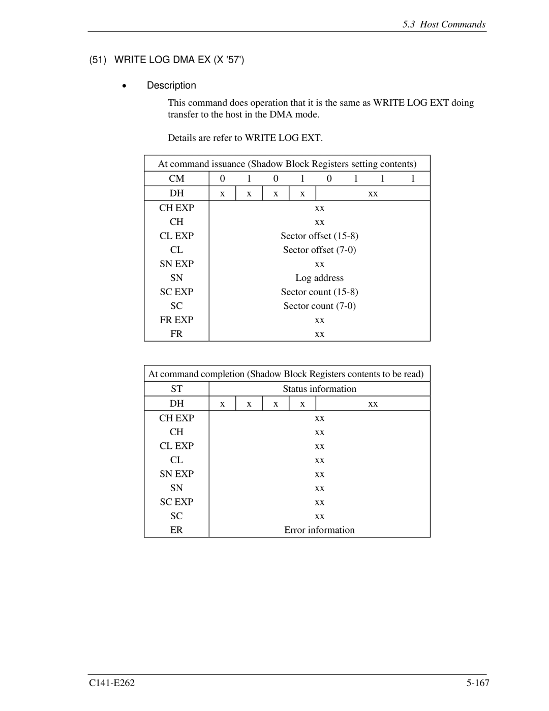 Fujitsu MHY2080BH, MHY2160BH, MHY2200BH, MHY2250BH, MHY2100BH, MHY2120BH, MHY2060BH, MHY2040BH Write LOG DMA EX X Description 