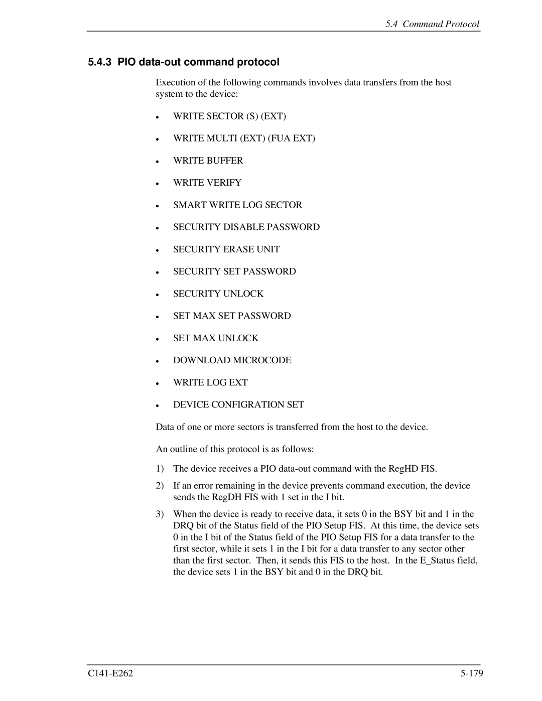 Fujitsu MHY2200BH, MHY2160BH, MHY2250BH, MHY2100BH, MHY2120BH, MHY2080BH, MHY2060BH, MHY2040BH PIO data-out command protocol 