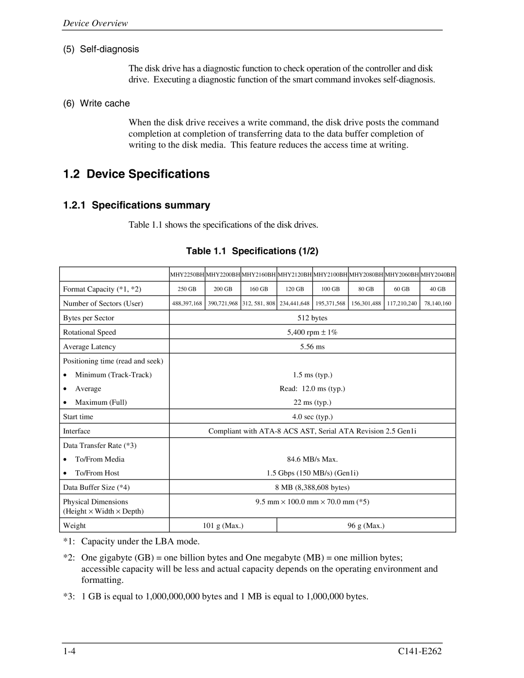 Fujitsu MHY2120BH manual Device Specifications, Specifications summary, Self-diagnosis, Write cache, Specifications 1/2 