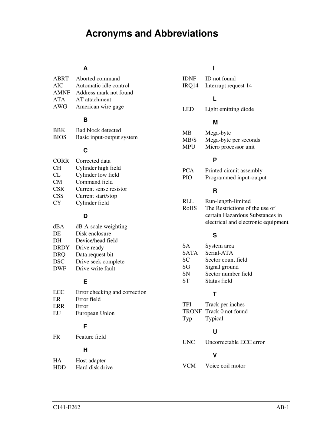 Fujitsu MHY2080BH, MHY2160BH, MHY2200BH, MHY2250BH, MHY2100BH, MHY2120BH, MHY2060BH, MHY2040BH manual Acronyms and Abbreviations 