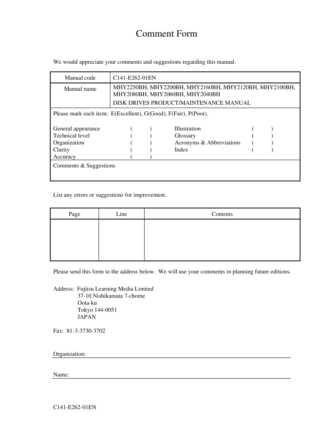 Fujitsu MHY2080BH, MHY2160BH, MHY2200BH, MHY2250BH, MHY2100BH, MHY2120BH, MHY2060BH, MHY2040BH manual Comment Form, Japan 