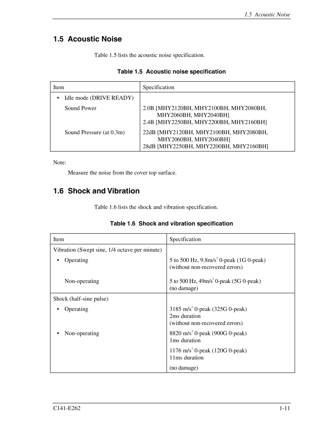 Fujitsu MHY2100BH Acoustic Noise, Shock and Vibration, Acoustic noise specification, Shock and vibration specification 