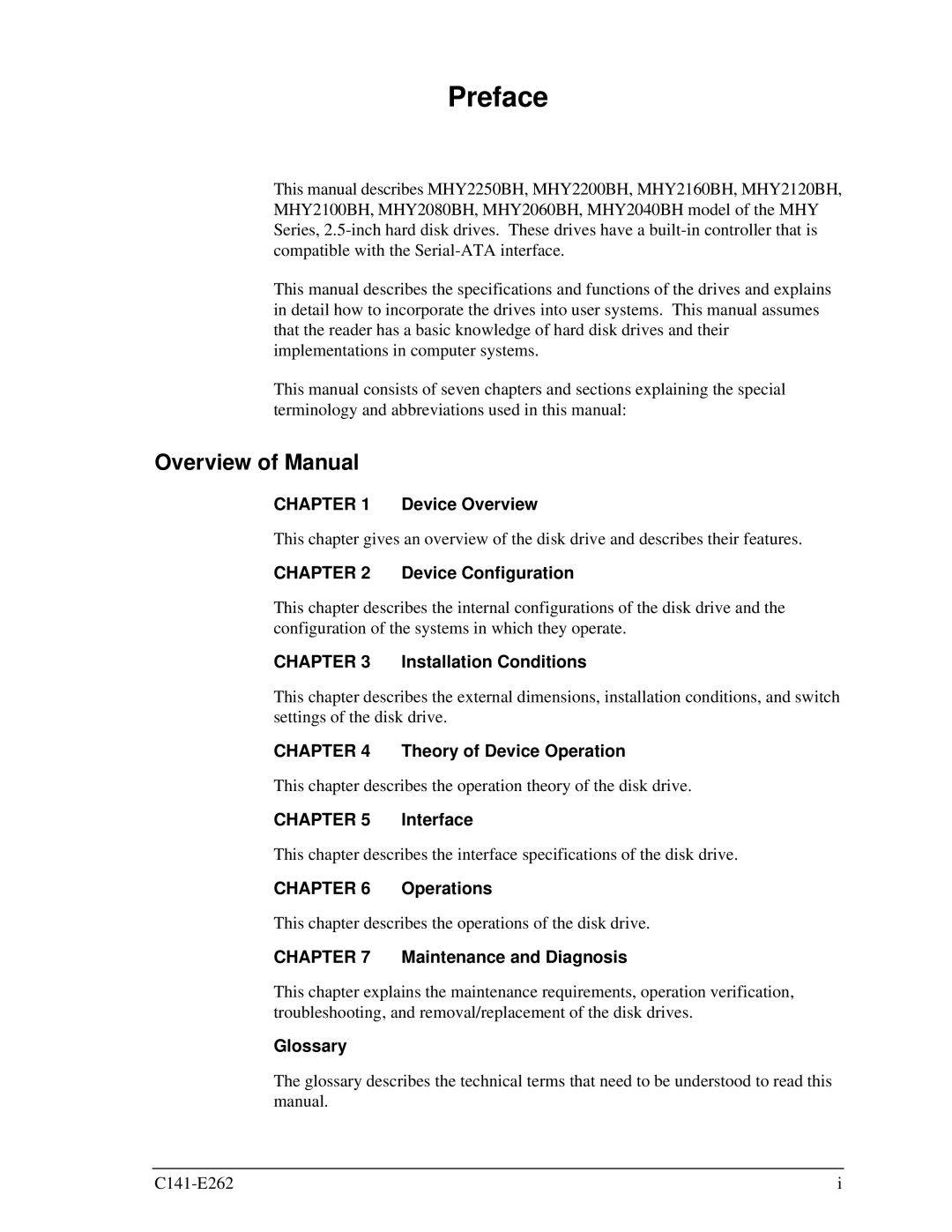 Fujitsu MHY2060BH, MHY2160BH, MHY2200BH, MHY2250BH, MHY2100BH, MHY2120BH, MHY2080BH, MHY2040BH manual Preface, Overview of Manual 