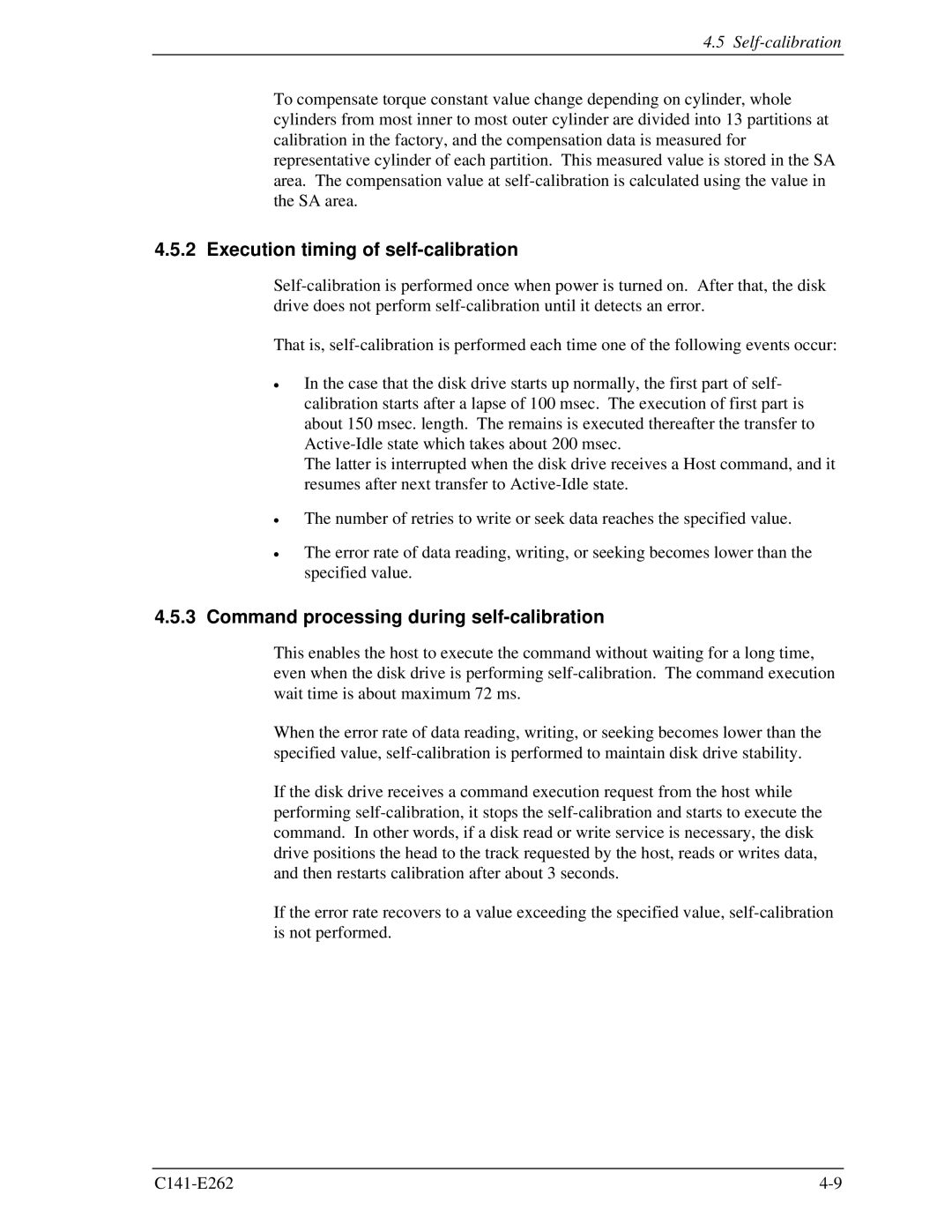 Fujitsu MHY2100BH, MHY2160BH, MHY2200BH Execution timing of self-calibration, Command processing during self-calibration 