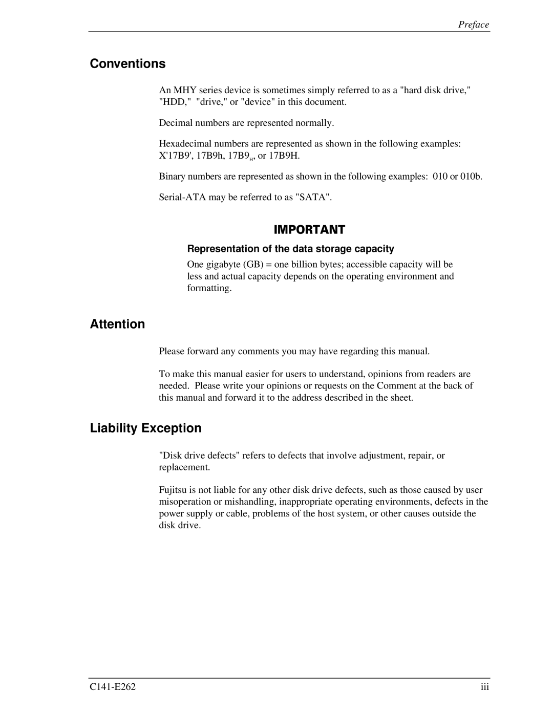 Fujitsu MHY2040BH, MHY2160BH, MHY2200BH, MHY2250BH, MHY2100BH, MHY2120BH, MHY2080BH, MHY2060BH Conventions, Liability Exception 