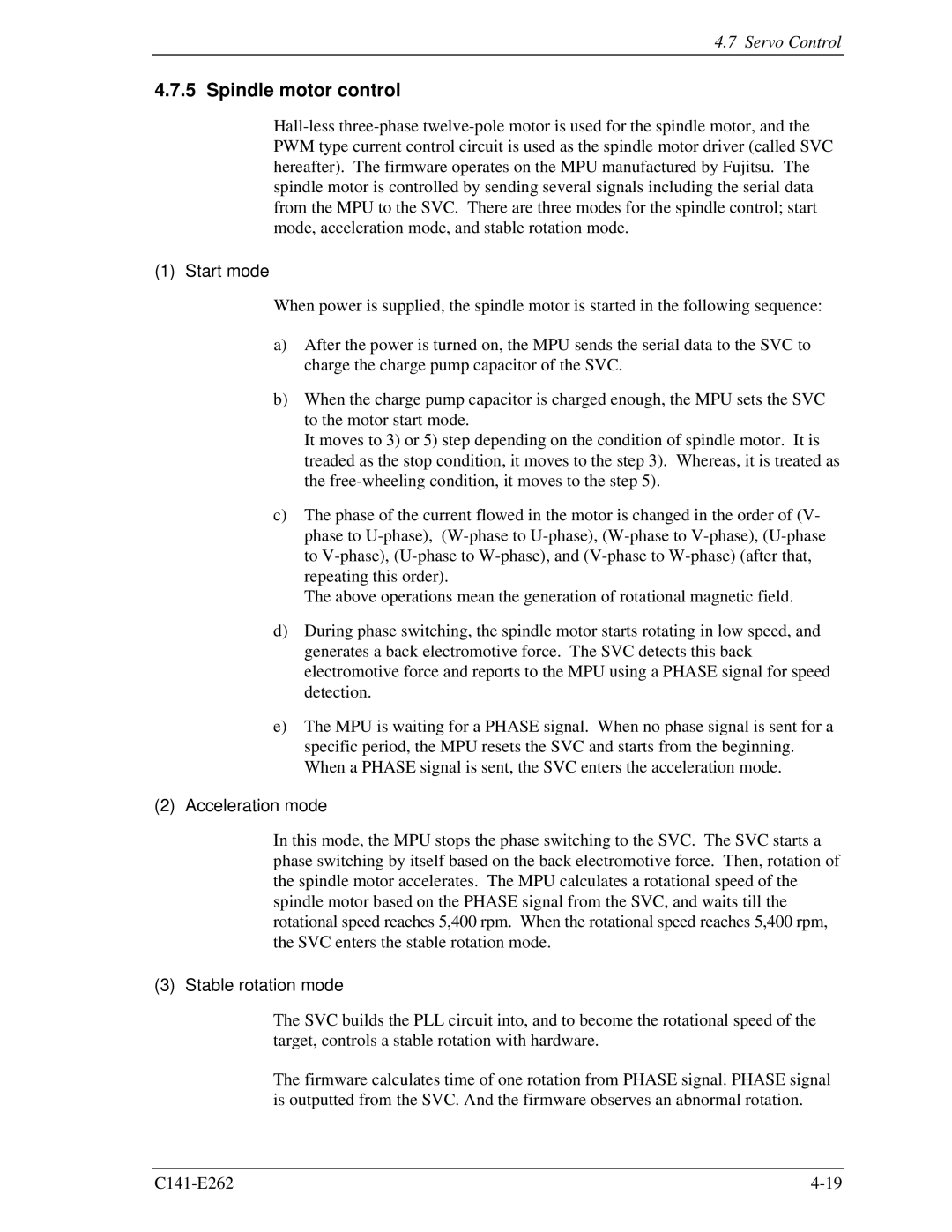Fujitsu MHY2080BH, MHY2160BH, MHY2200BH manual Spindle motor control, Start mode, Acceleration mode, Stable rotation mode 