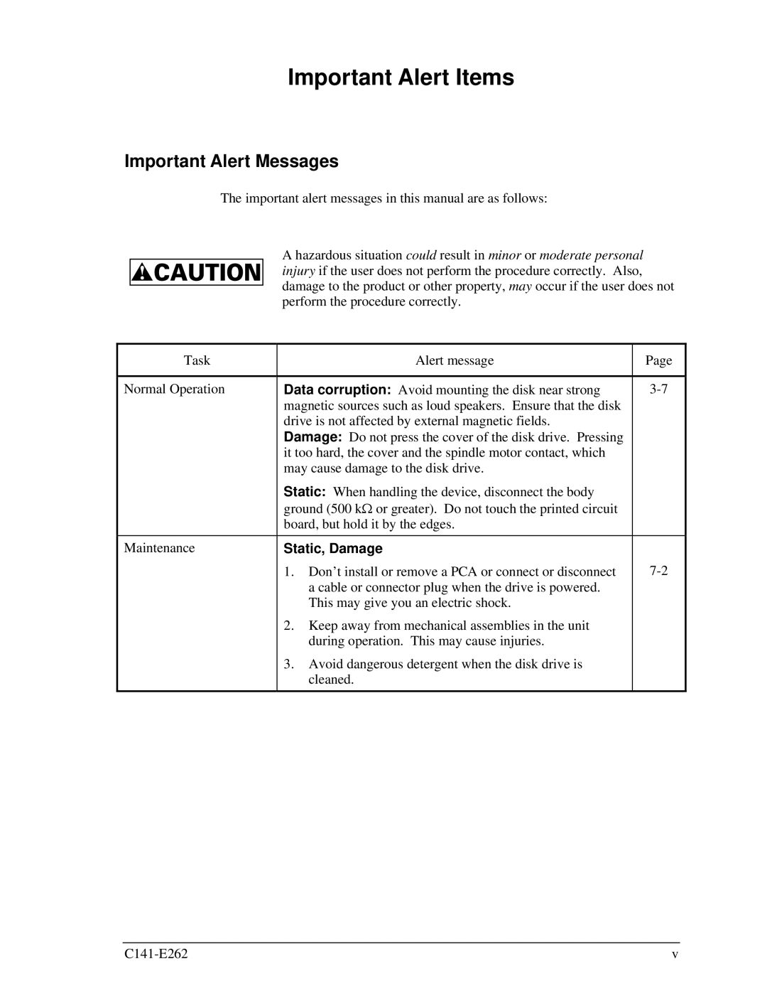 Fujitsu MHY2200BH, MHY2160BH, MHY2250BH, MHY2100BH, MHY2120BH Important Alert Items, Important Alert Messages, Static, Damage 