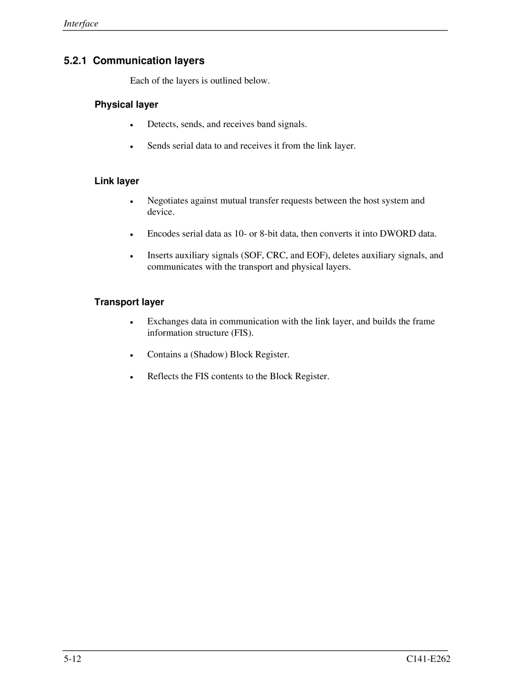 Fujitsu MHY2250BH, MHY2160BH, MHY2200BH, MHY2100BH manual Communication layers, Physical layer, Link layer, Transport layer 