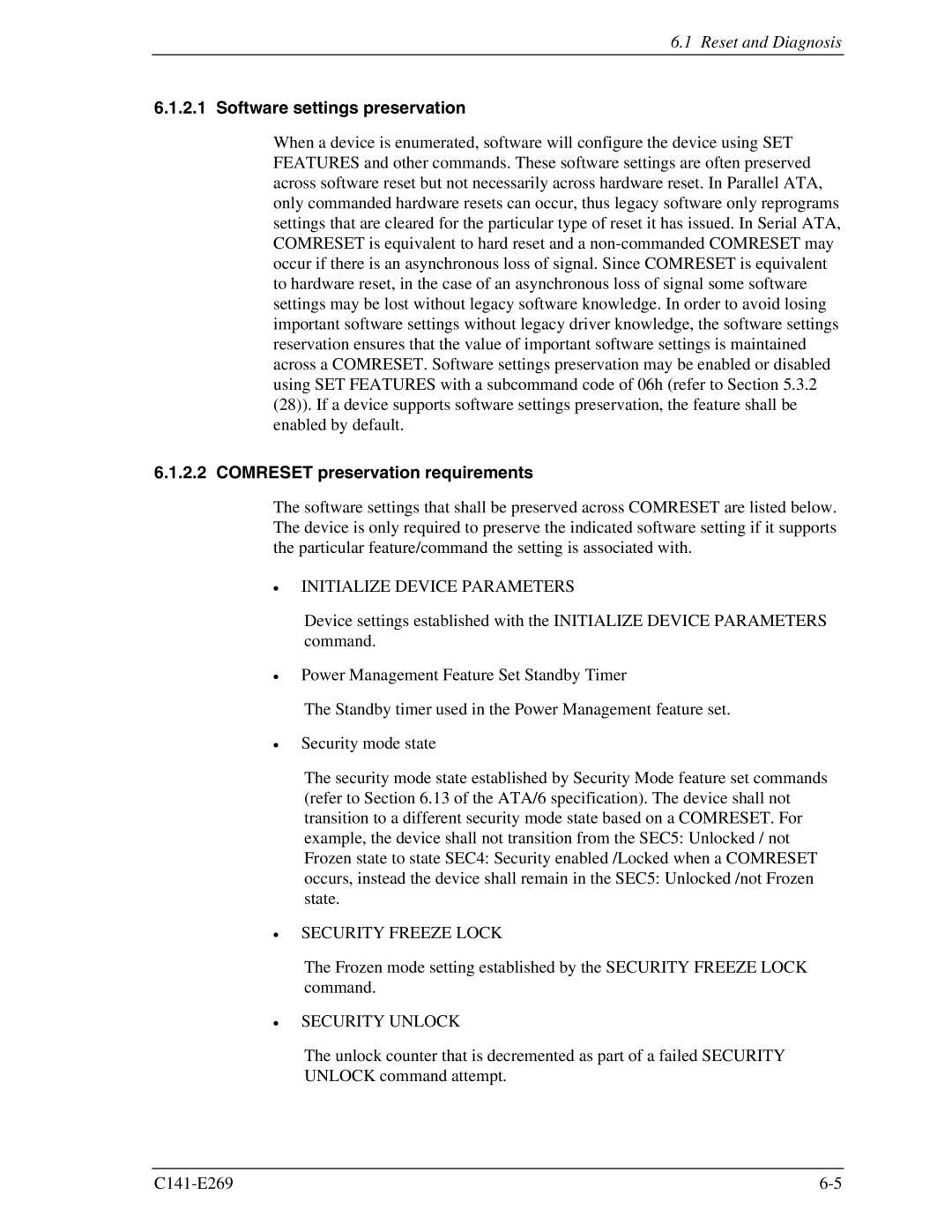 Fujitsu MHY2060BS, MHY2160BS, MHY2200BS, MHY2120BS manual Software settings preservation, Comreset preservation requirements 