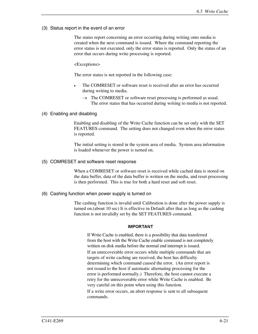 Fujitsu MHY2160BS Status report in the event of an error, Enabling and disabling, Comreset and software reset response 