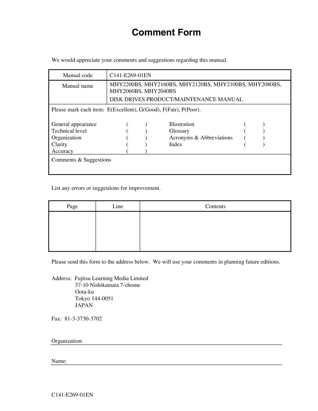 Fujitsu MHY2120BS, MHY2160BS, MHY2200BS, MHY2040BS, MHY2080BS, MHY2060BS, MHY2100BS manual Comment Form, Japan 