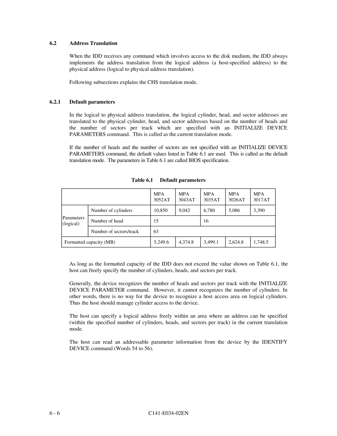 Fujitsu MPA3052AT, MPA3043AT, MPA3026AT, MPA3035AT, MPA3017AT manual Default parameters, Mpa 