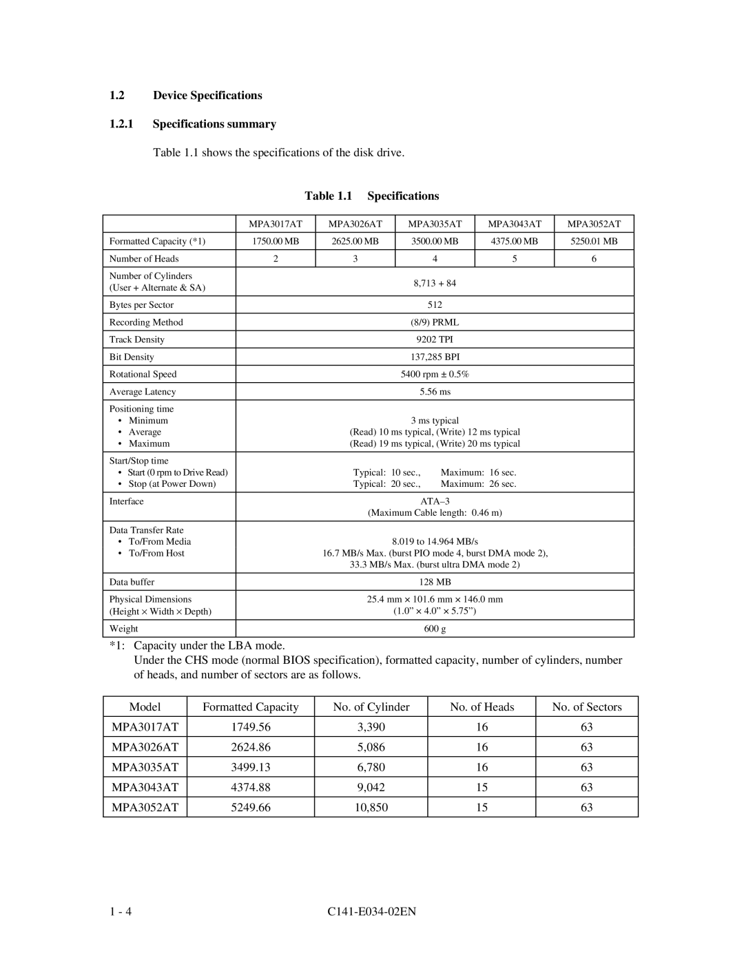 Fujitsu MPA3052AT, MPA3043AT, MPA3026AT, MPA3035AT, MPA3017AT manual Device Specifications Specifications summary 