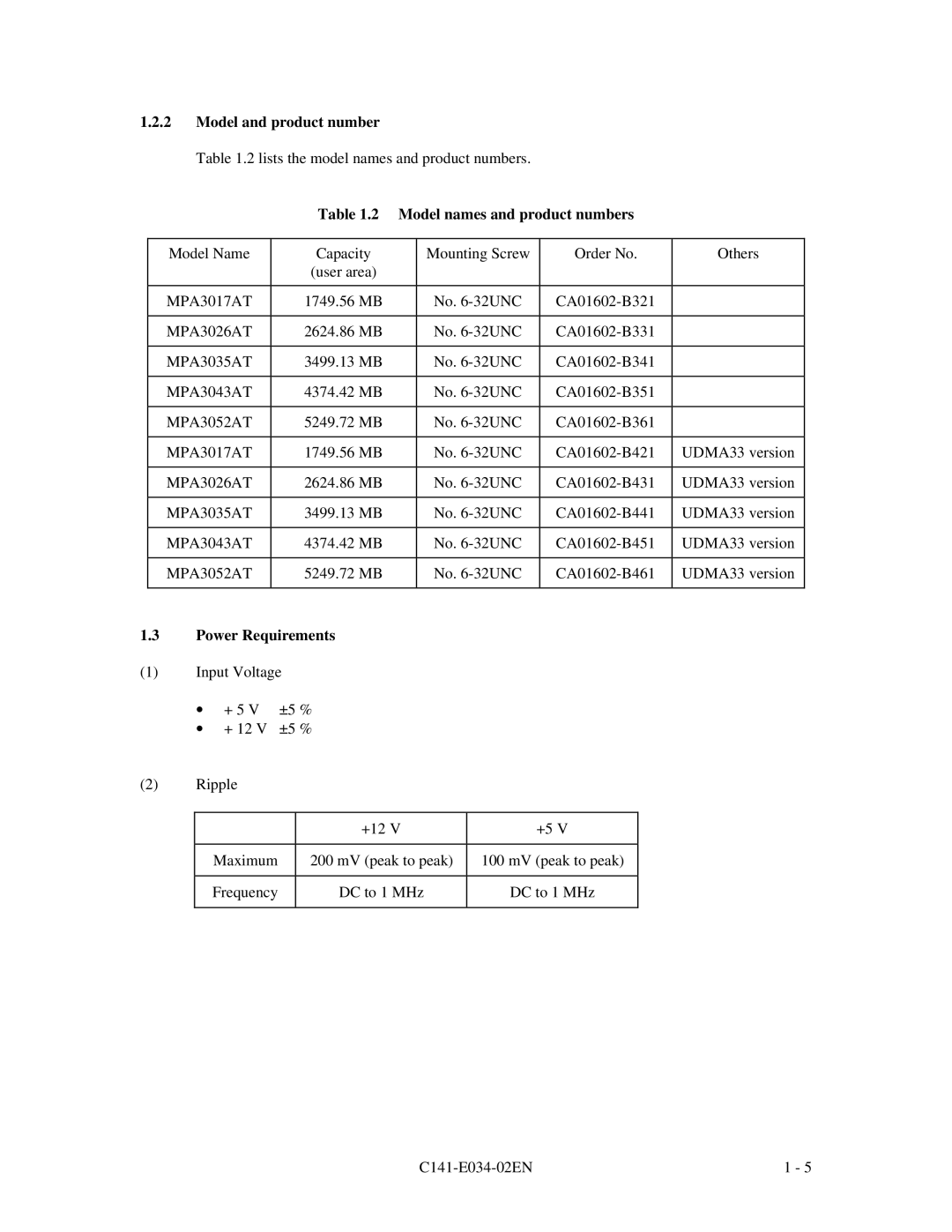 Fujitsu MPA3026AT, MPA3043AT, MPA3052AT, MPA3035AT, MPA3017AT manual Model and product number, Model names and product numbers 