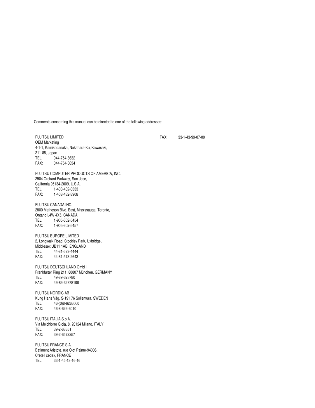 Fujitsu MPA3017AT, MPA3043AT, MPA3052AT, MPA3026AT, MPA3035AT manual Fujitsu Limited FAX 