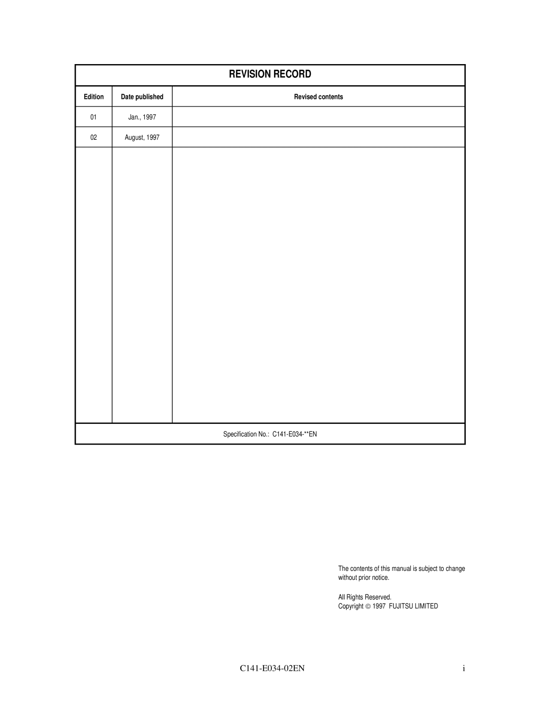 Fujitsu MPA3026AT, MPA3043AT, MPA3052AT, MPA3035AT, MPA3017AT manual Revision Record 