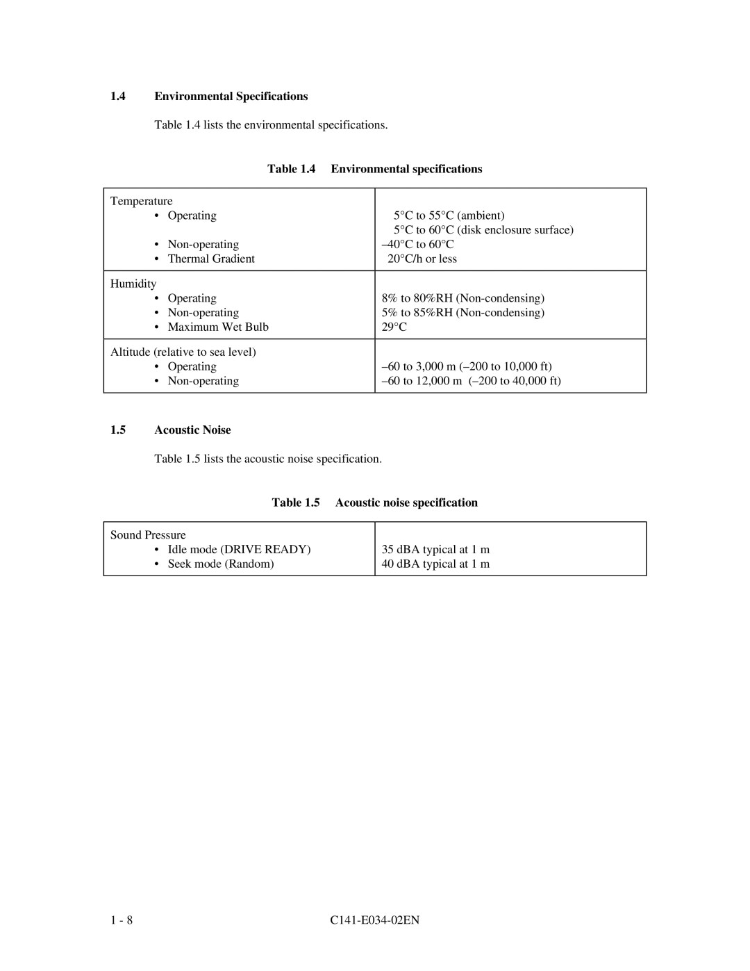 Fujitsu MPA3043AT, MPA3052AT, MPA3026AT, MPA3035AT, MPA3017AT manual Environmental Specifications, Acoustic noise specification 