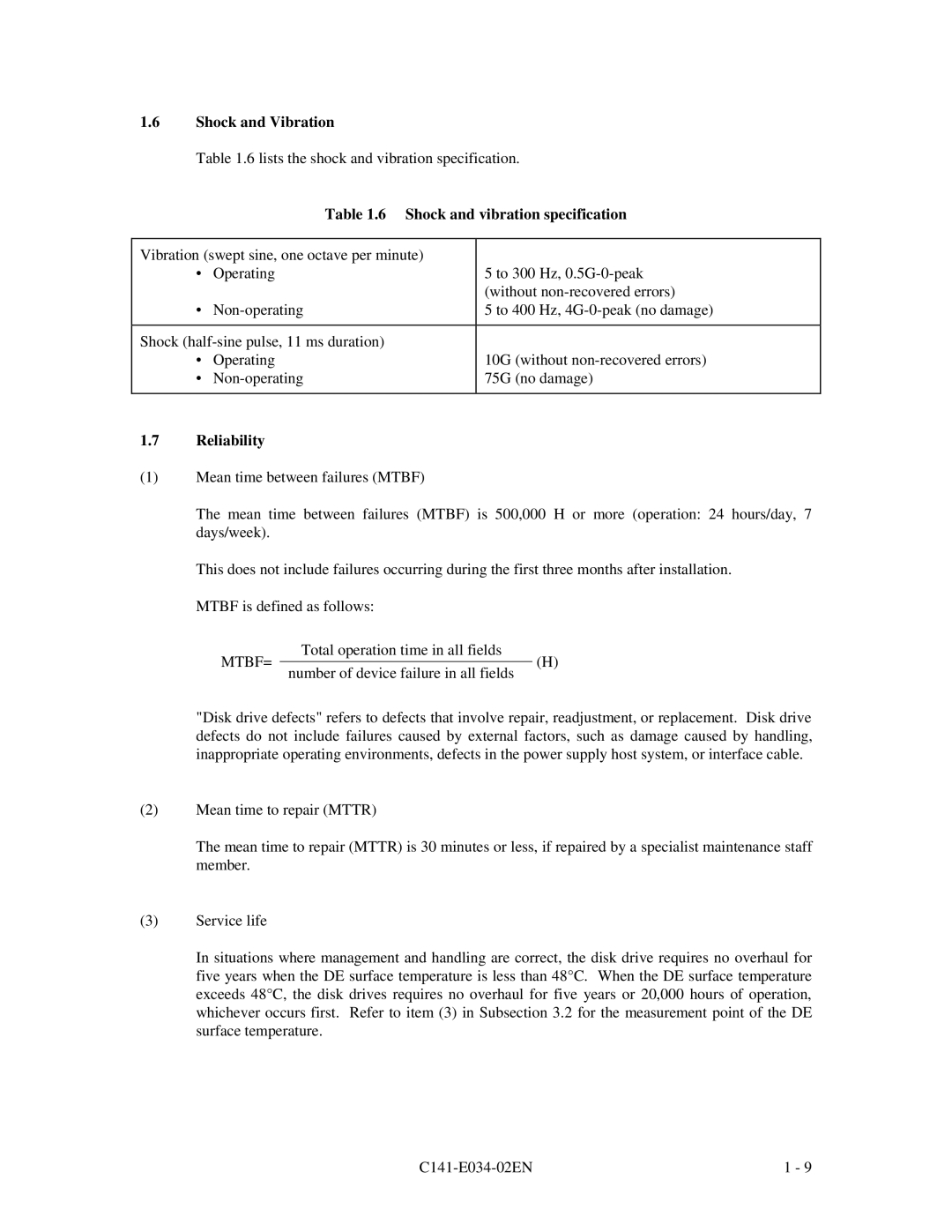 Fujitsu MPA3052AT, MPA3043AT, MPA3026AT, MPA3035AT, MPA3017AT manual Shock and vibration specification, Mtbf= 