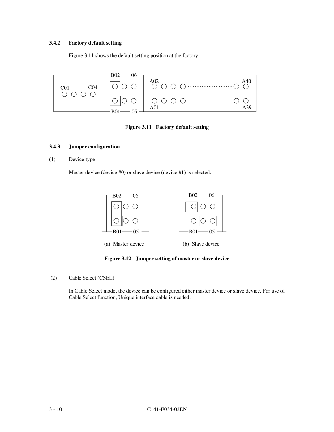 Fujitsu MPA3026AT, MPA3043AT, MPA3052AT, MPA3035AT, MPA3017AT manual Factory default setting Jumper configuration 