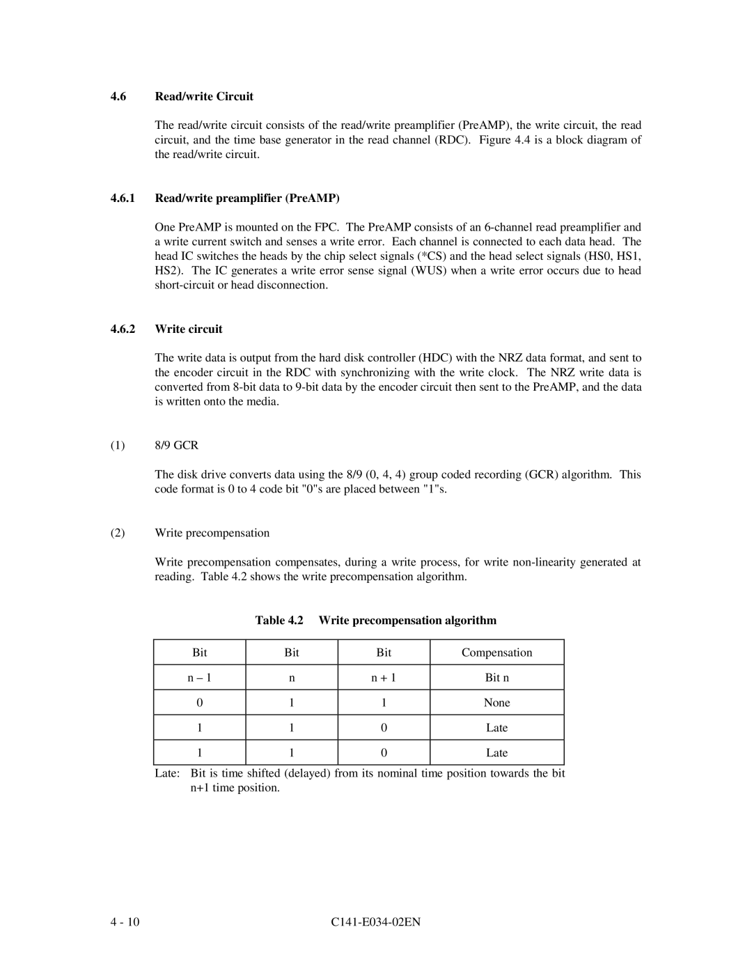 Fujitsu MPA3017AT, MPA3043AT, MPA3052AT manual Read/write preamplifier PreAMP, Write circuit, Write precompensation algorithm 