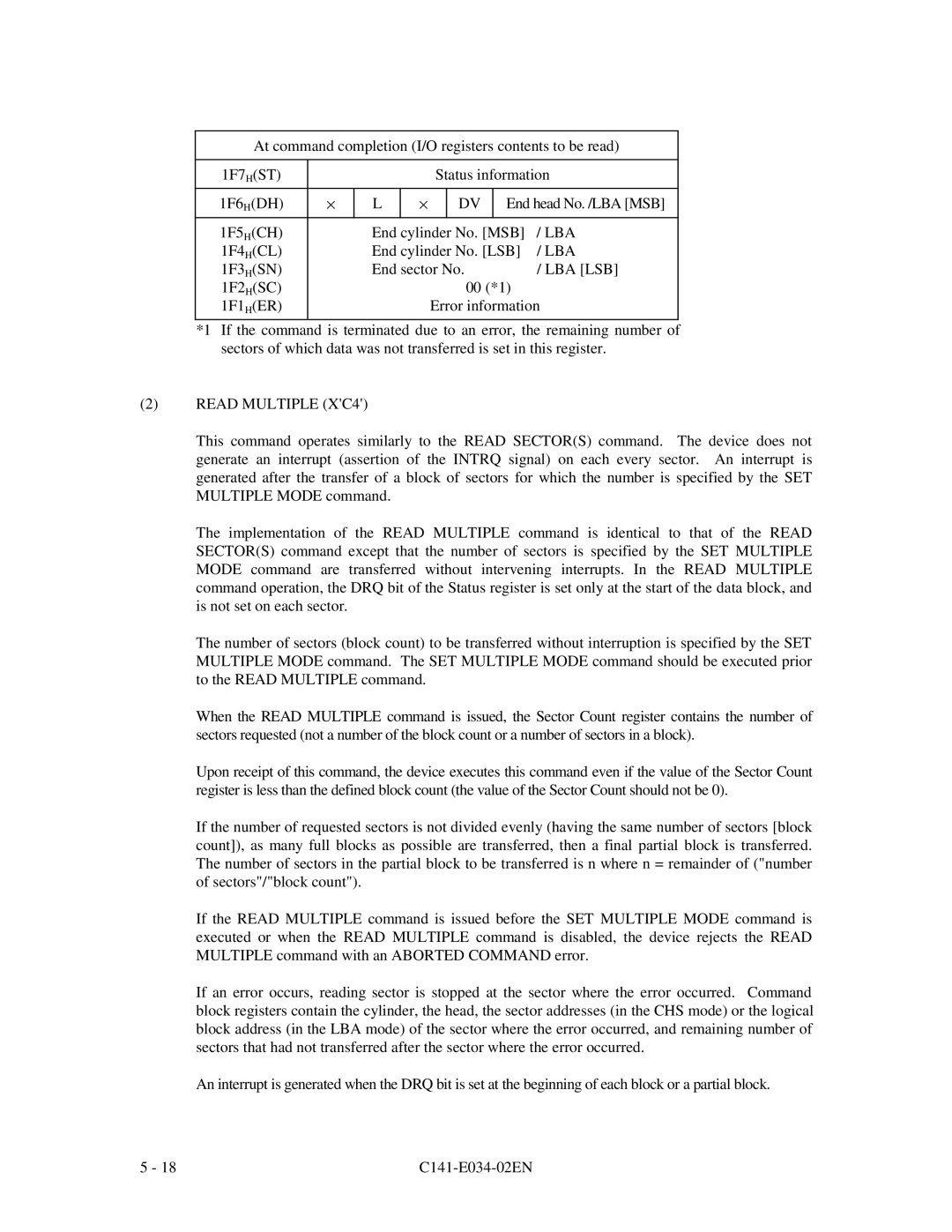 Fujitsu MPA3017AT, MPA3043AT, MPA3052AT, MPA3026AT, MPA3035AT manual Read Multiple XC4 