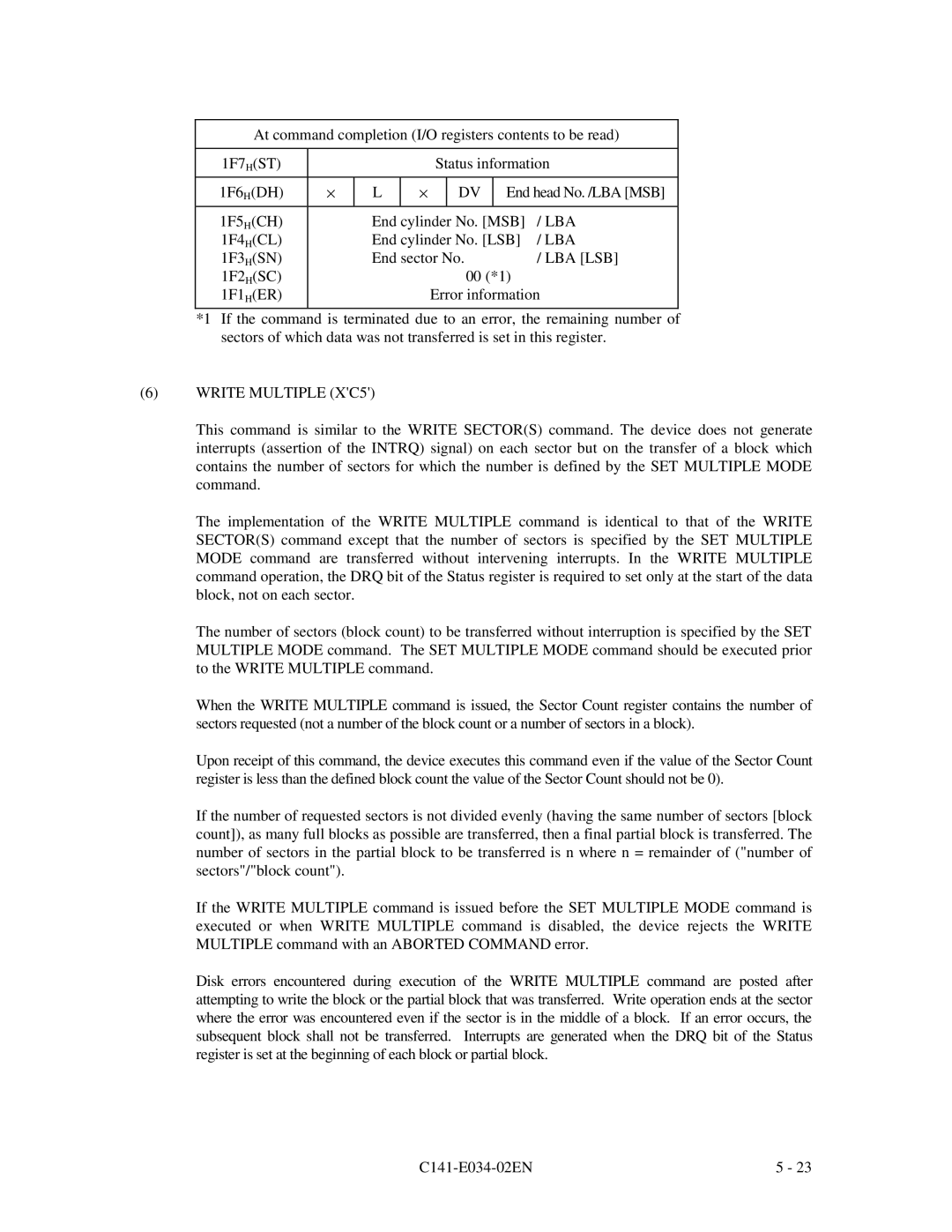 Fujitsu MPA3017AT, MPA3043AT, MPA3052AT, MPA3026AT, MPA3035AT manual Write Multiple XC5 