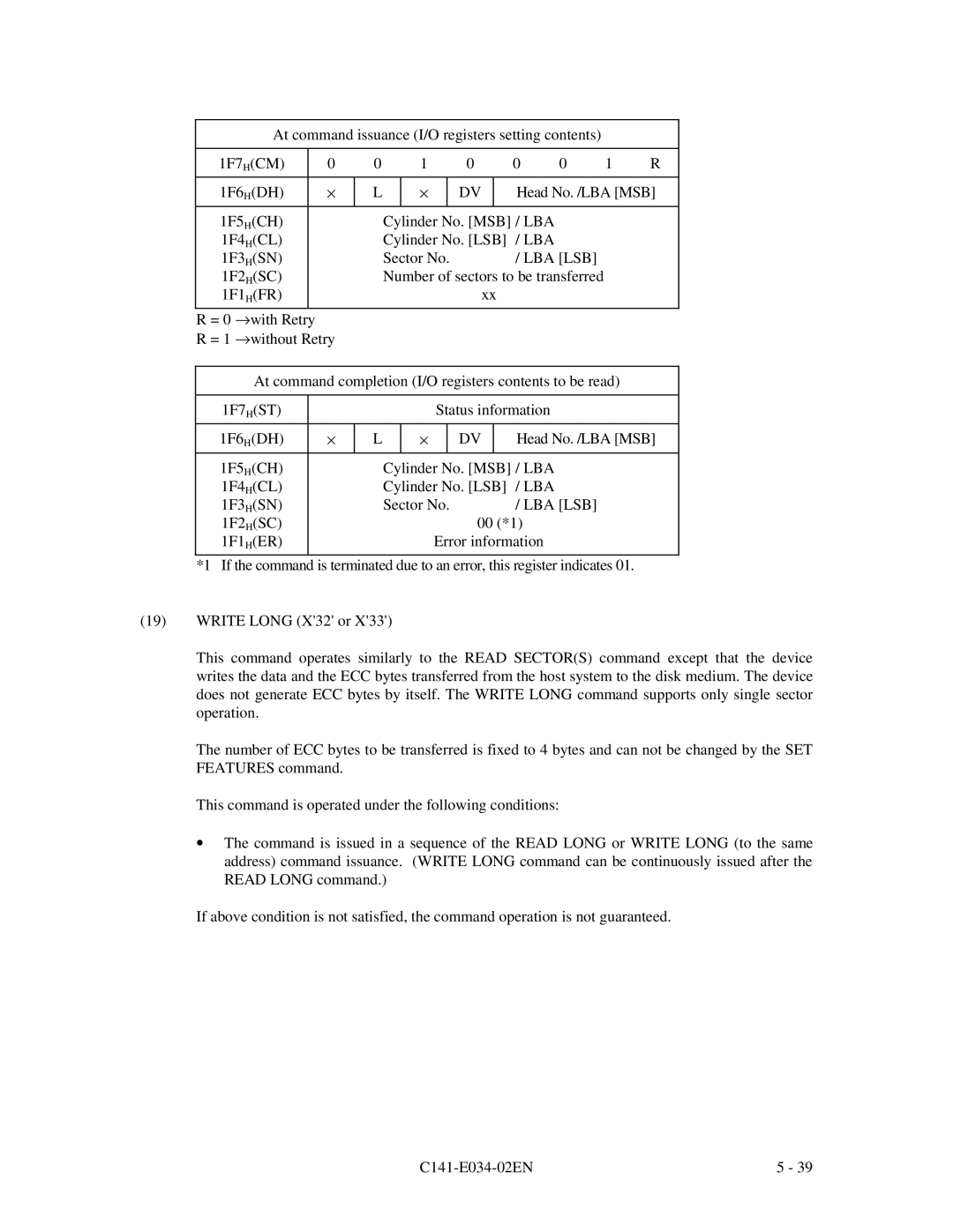 Fujitsu MPA3043AT At command issuance I/O registers setting contents, 1F7 HCM, 1F6 HDH, Head No. /LBA MSB, 1F5 HCH, 00 *1 