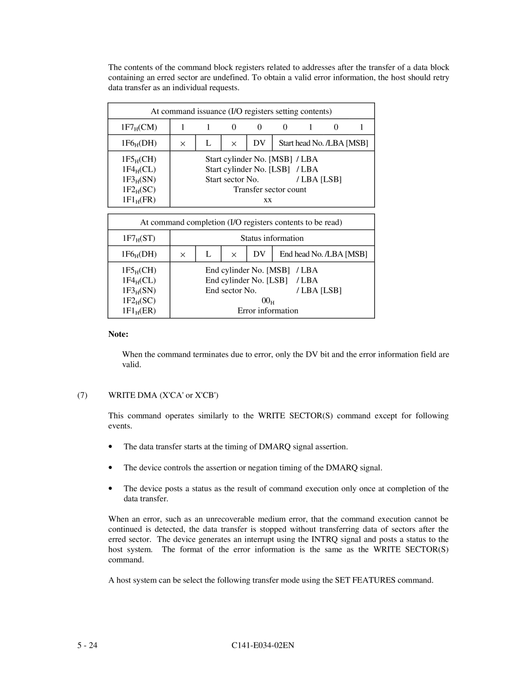 Fujitsu MPA3043AT At command issuance I/O registers setting contents, 1F7 HCM, 1F6 HDH, Start head No. /LBA MSB, 1F5 HCH 