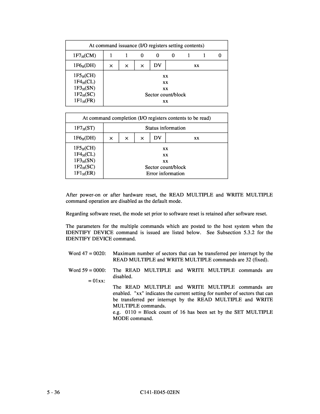Fujitsu MPB3032AT manual At command issuance I/O registers setting contents, 1F7HCM, 1F6HDH, 1F5HCH, 1F4HCL, 1F3HSN, 1F2HSC 