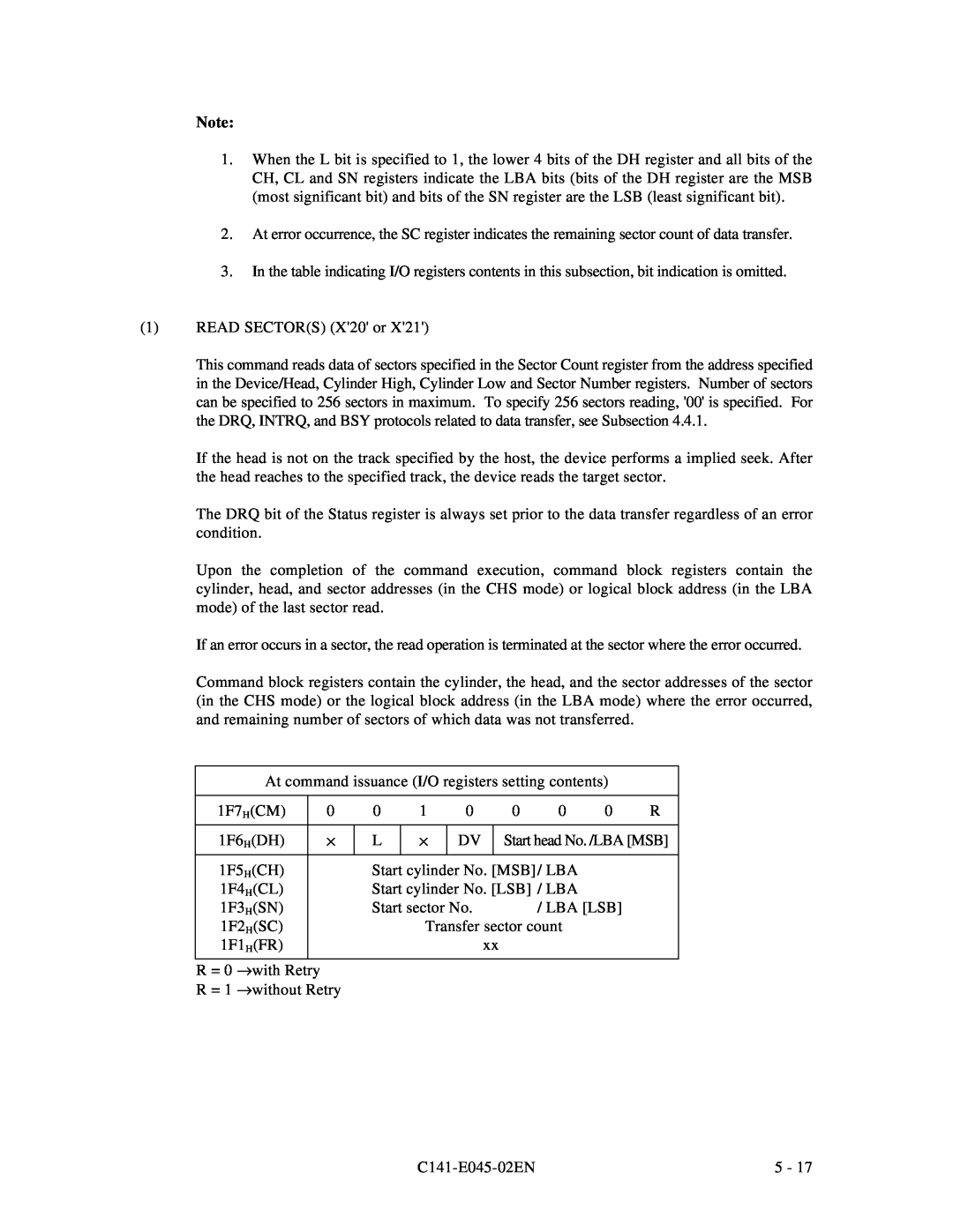 Fujitsu MPB3052AT manual READ SECTORS X20 or, At command issuance I/O registers setting contents, 1F7 HCM, 1F6 HDH, 1F5 HCH 