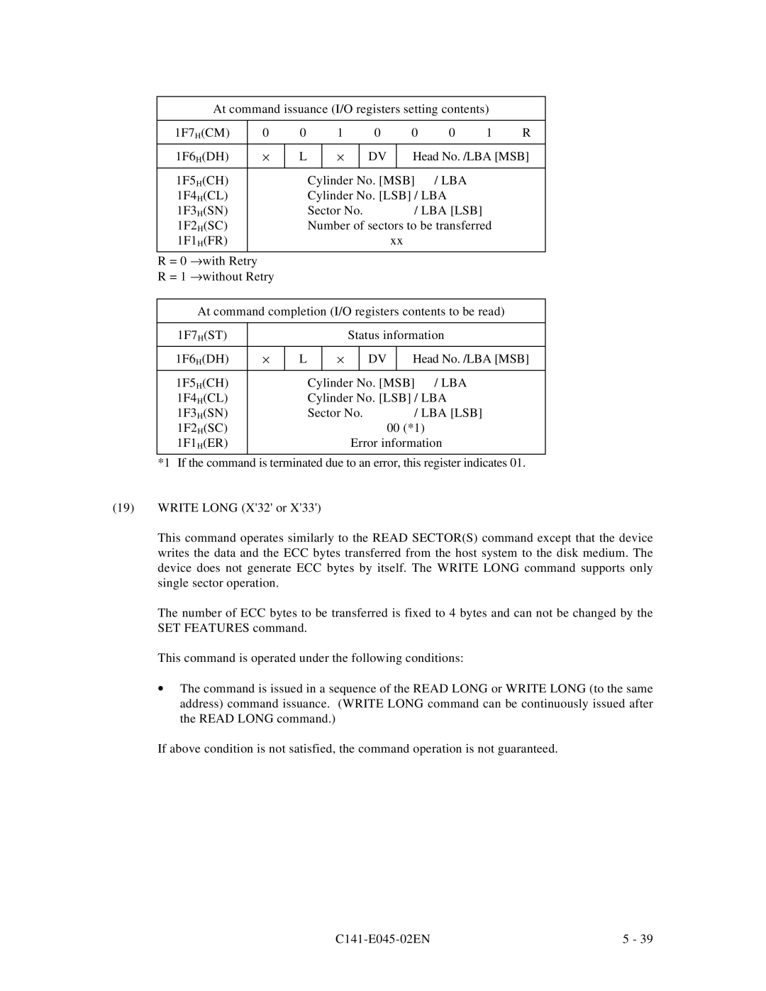 Fujitsu MPB3043AT, MPB3054AT, MPB3032AT, MPB3052AT, MPB3021AT manual 1F7 HCM 1F6 HDH Head No. /LBA MSB 1F5 HCH Cylinder No. MSB 