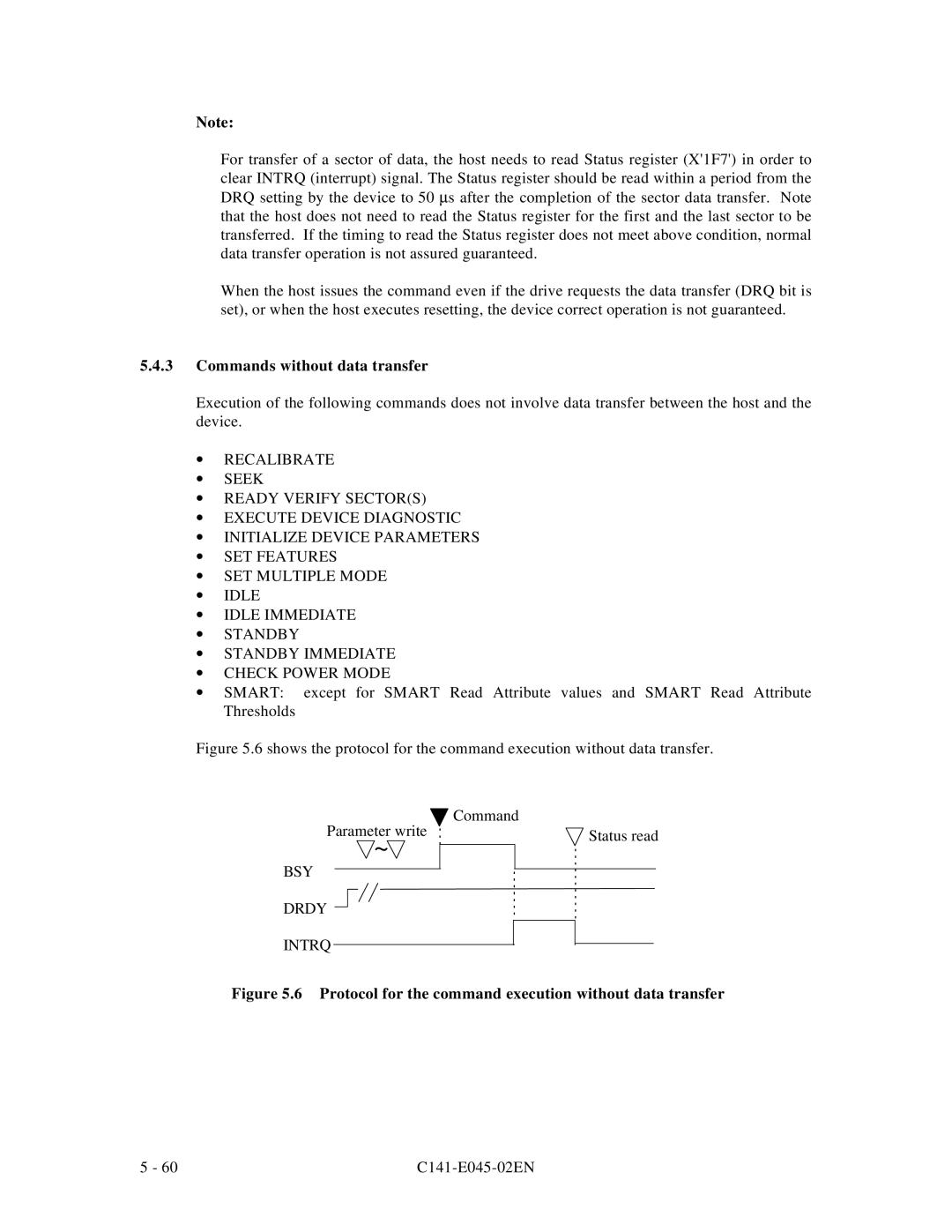 Fujitsu MPB3054AT, MPB3032AT, MPB3052AT, MPB3021AT, MPB3043AT manual Commands without data transfer, BSY Drdy Intrq 