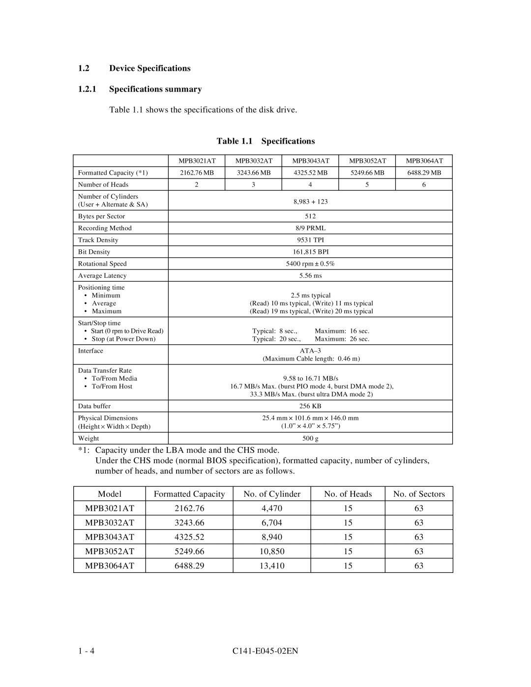 Fujitsu MPB3043AT, MPB3054AT, MPB3032AT, MPB3052AT, MPB3021AT manual Device Specifications Specifications summary 