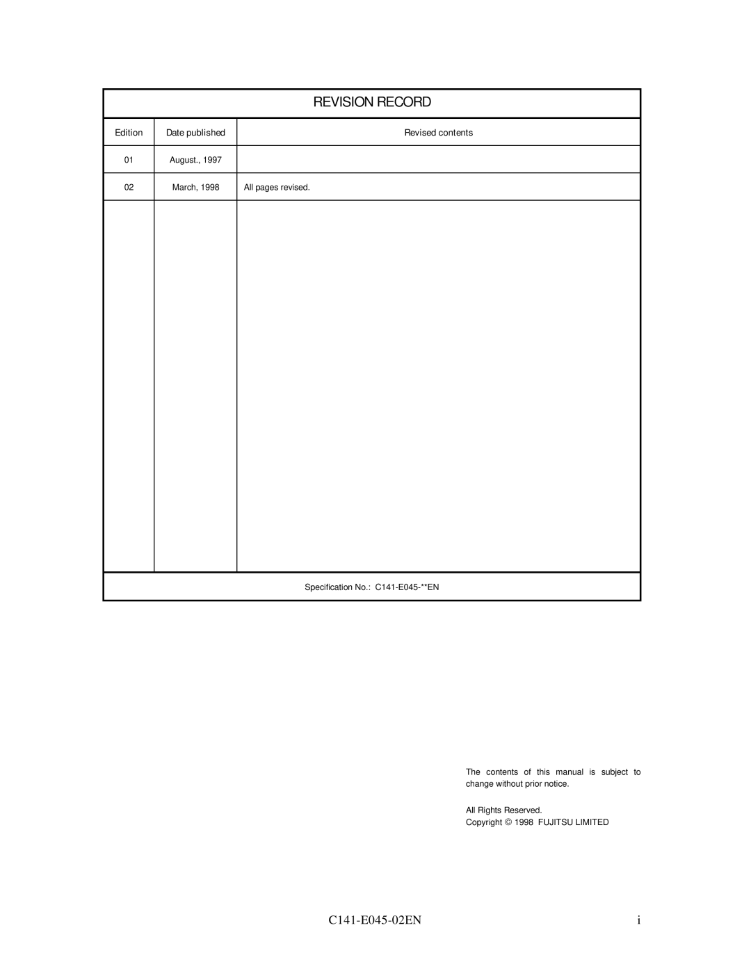 Fujitsu MPB3052AT, MPB3054AT, MPB3032AT, MPB3021AT, MPB3043AT manual Revision Record 