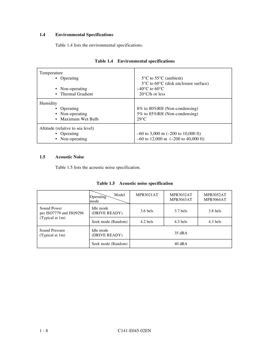 Fujitsu MPB3021AT, MPB3054AT, MPB3032AT, MPB3052AT, MPB3043AT manual Environmental Specifications, Acoustic noise specification 