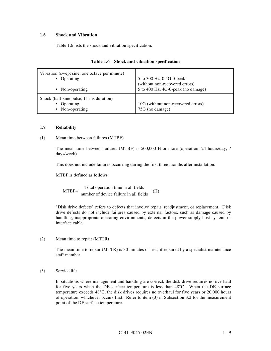 Fujitsu MPB3043AT, MPB3054AT, MPB3032AT, MPB3052AT, MPB3021AT manual Shock and Vibration, Shock and vibration specification 