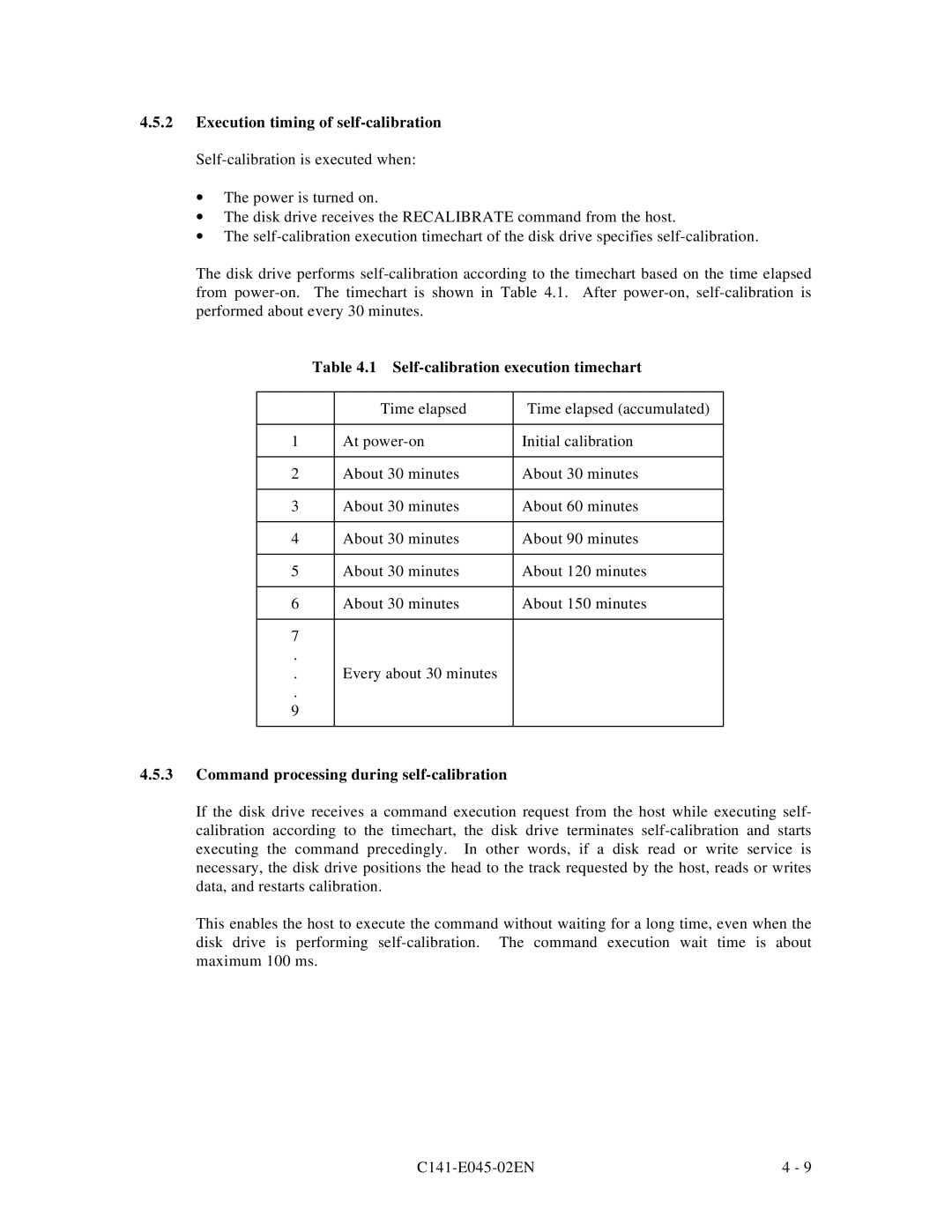 Fujitsu MPB3052AT, MPB3054AT, MPB3032AT Self-calibration execution timechart, Command processing during self-calibration 