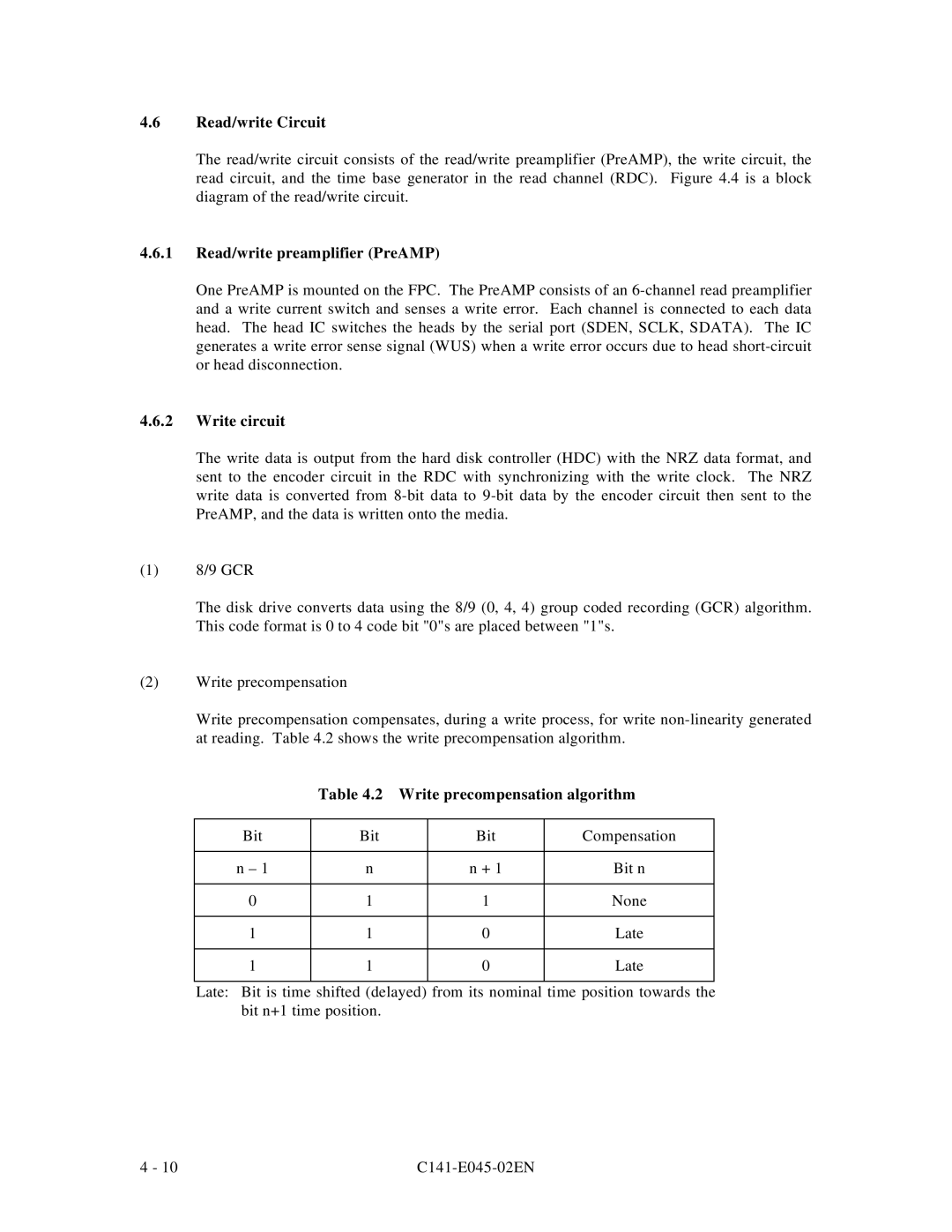 Fujitsu MPB3021AT, MPB3054AT, MPB3032AT manual Read/write preamplifier PreAMP, Write circuit, Write precompensation algorithm 