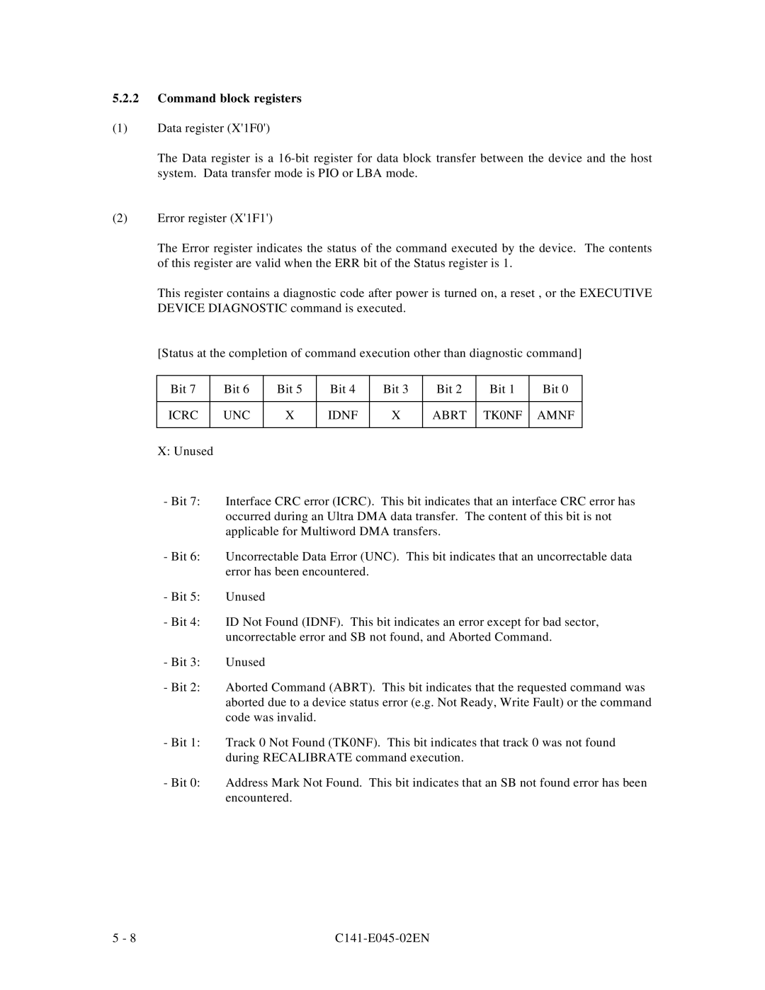 Fujitsu MPB3021AT, MPB3054AT, MPB3032AT, MPB3052AT, MPB3043AT manual Command block registers, Icrc UNC Idnf Abrt TK0NF Amnf 