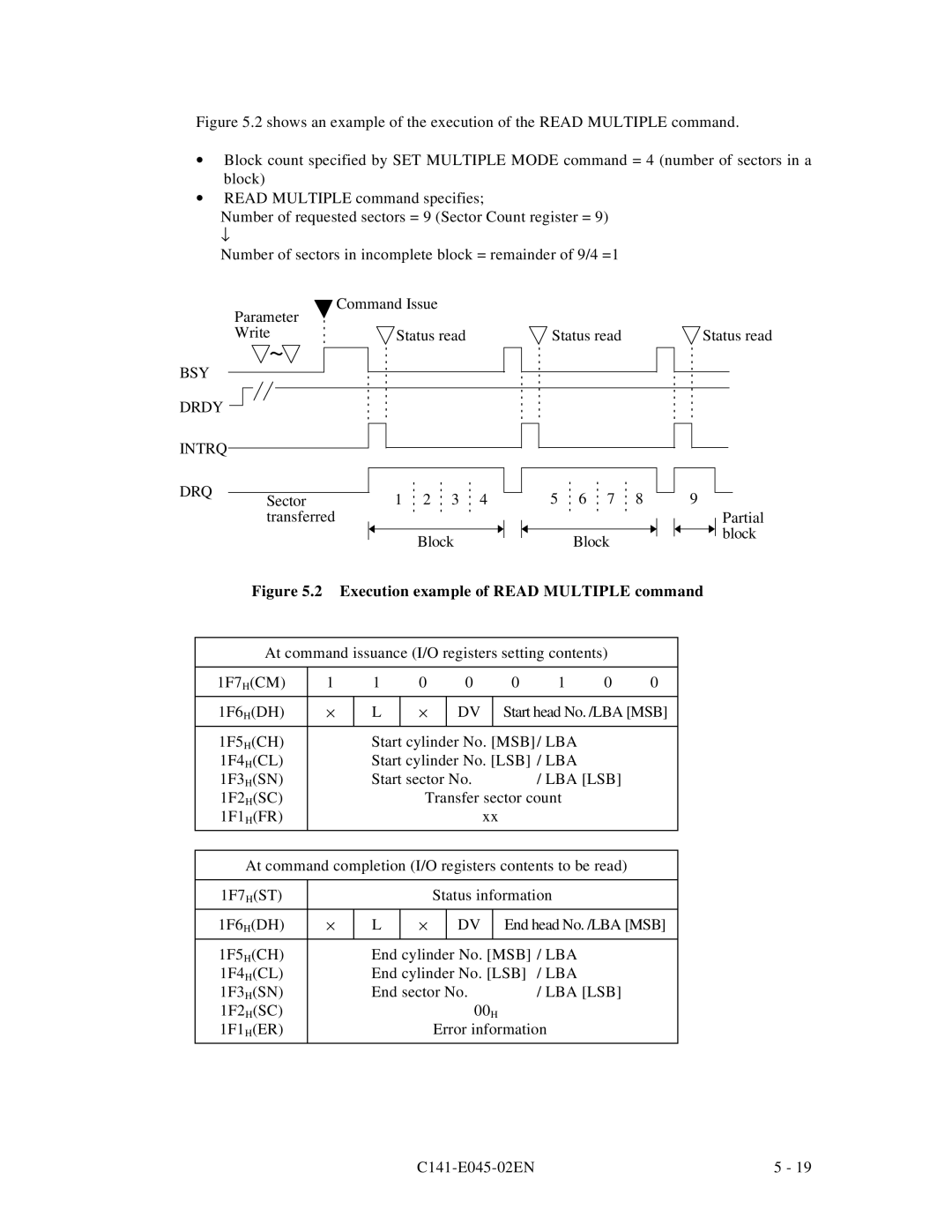 Fujitsu MPB3043AT, MPB3054AT, MPB3032AT, MPB3052AT, MPB3021AT BSY Drdy Intrq DRQ, Execution example of Read Multiple command 