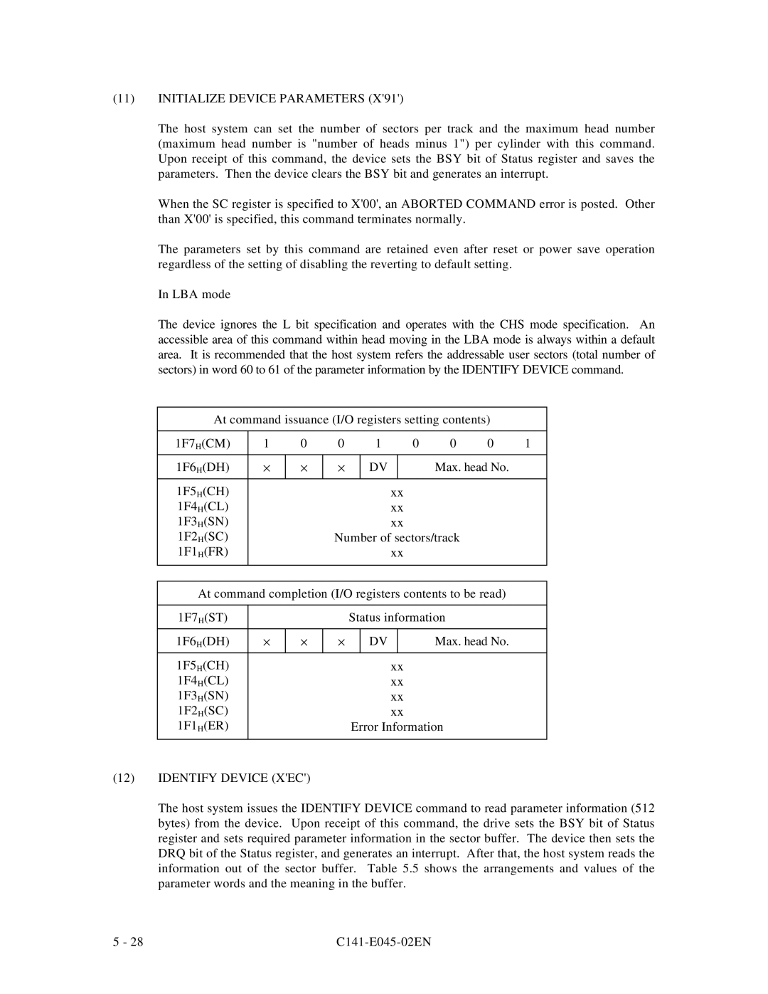 Fujitsu MPB3021AT, MPB3054AT, MPB3032AT, MPB3052AT, MPB3043AT manual Initialize Device Parameters, Identify Device XEC 