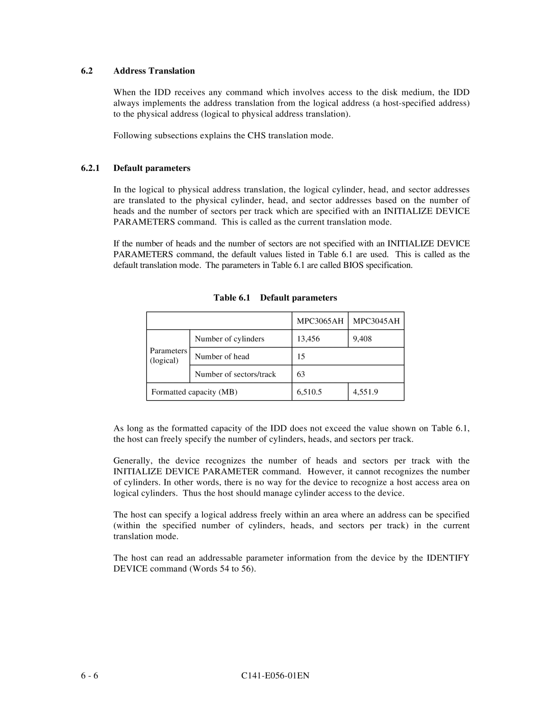 Fujitsu manual Default parameters, MPC3065AH MPC3045AH 