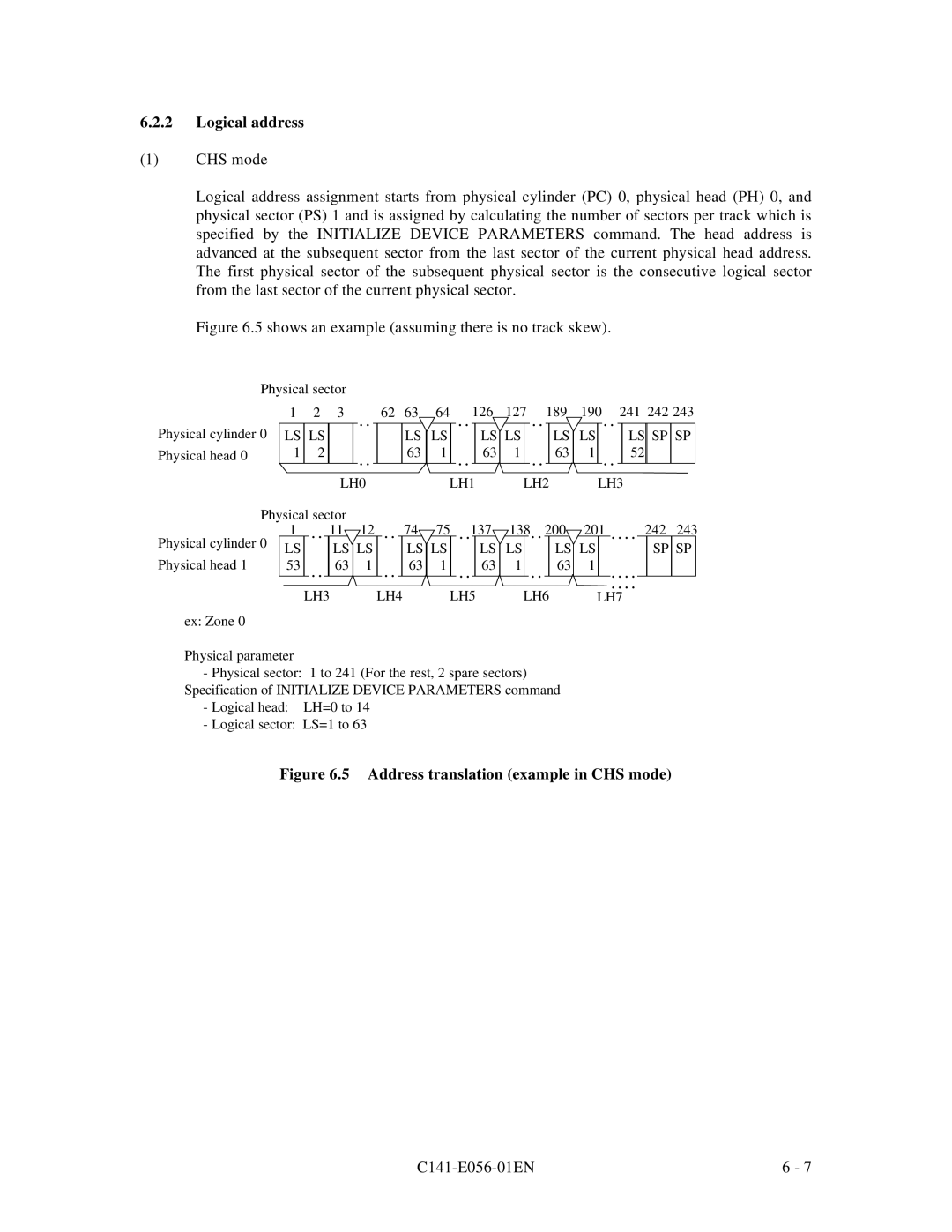 Fujitsu MPC3065AH, MPC3045AH manual Logical address, Address translation example in CHS mode 