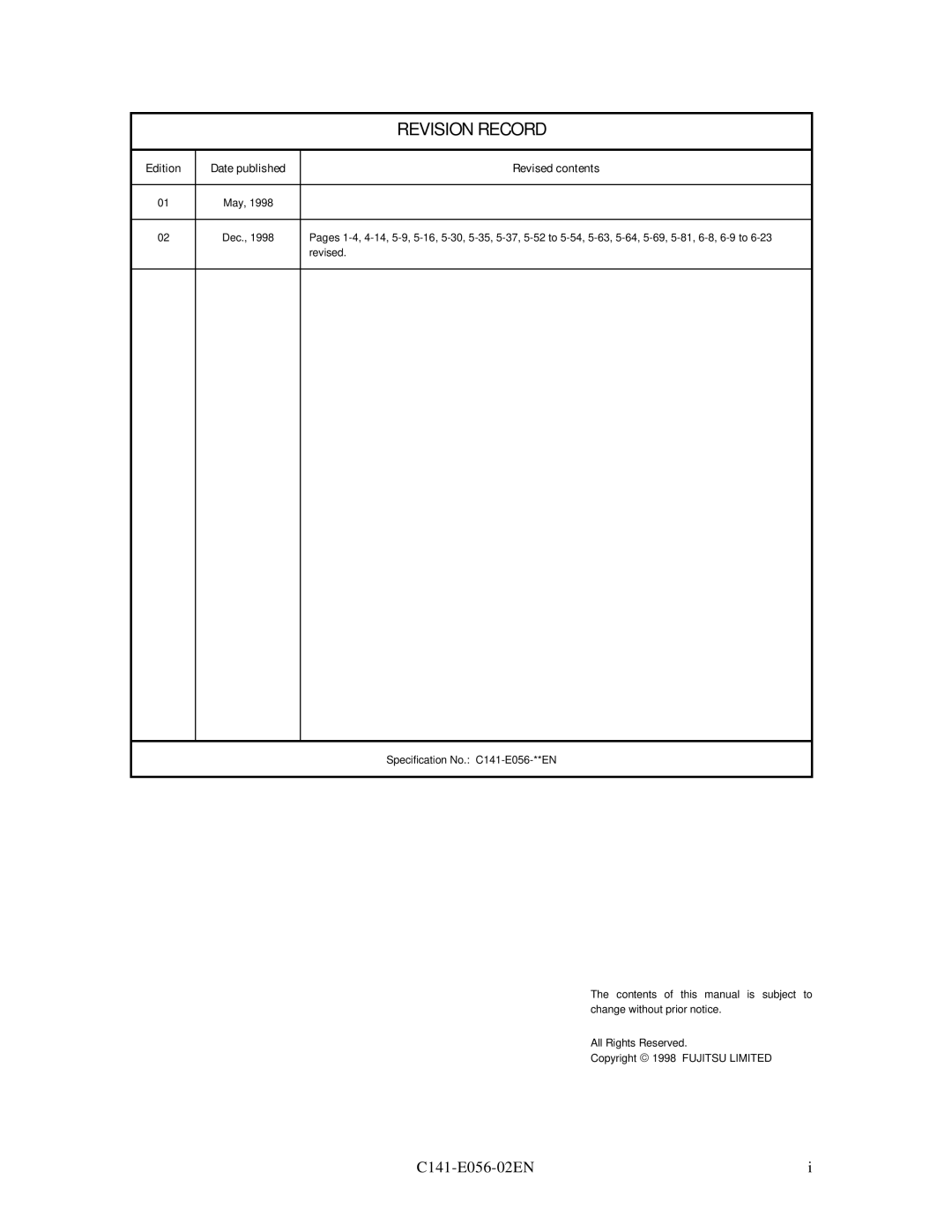 Fujitsu MPC3065AH, MPC3045AH manual Revision Record 